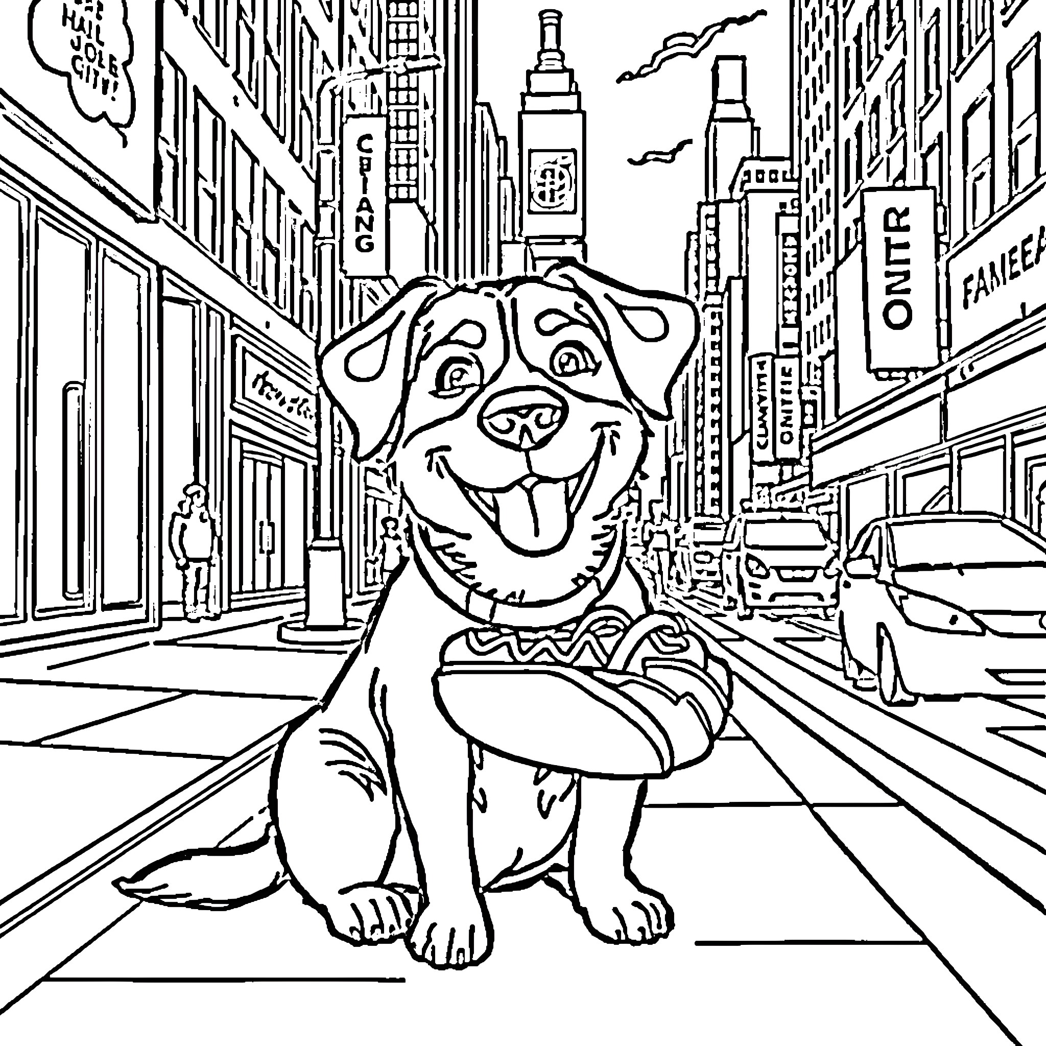 Dog smiling in the city streets Coloring Page (free black-and-white line drawing printable PDF for all, from beginners to advanced learners, including children, teens, adults, and seniors)