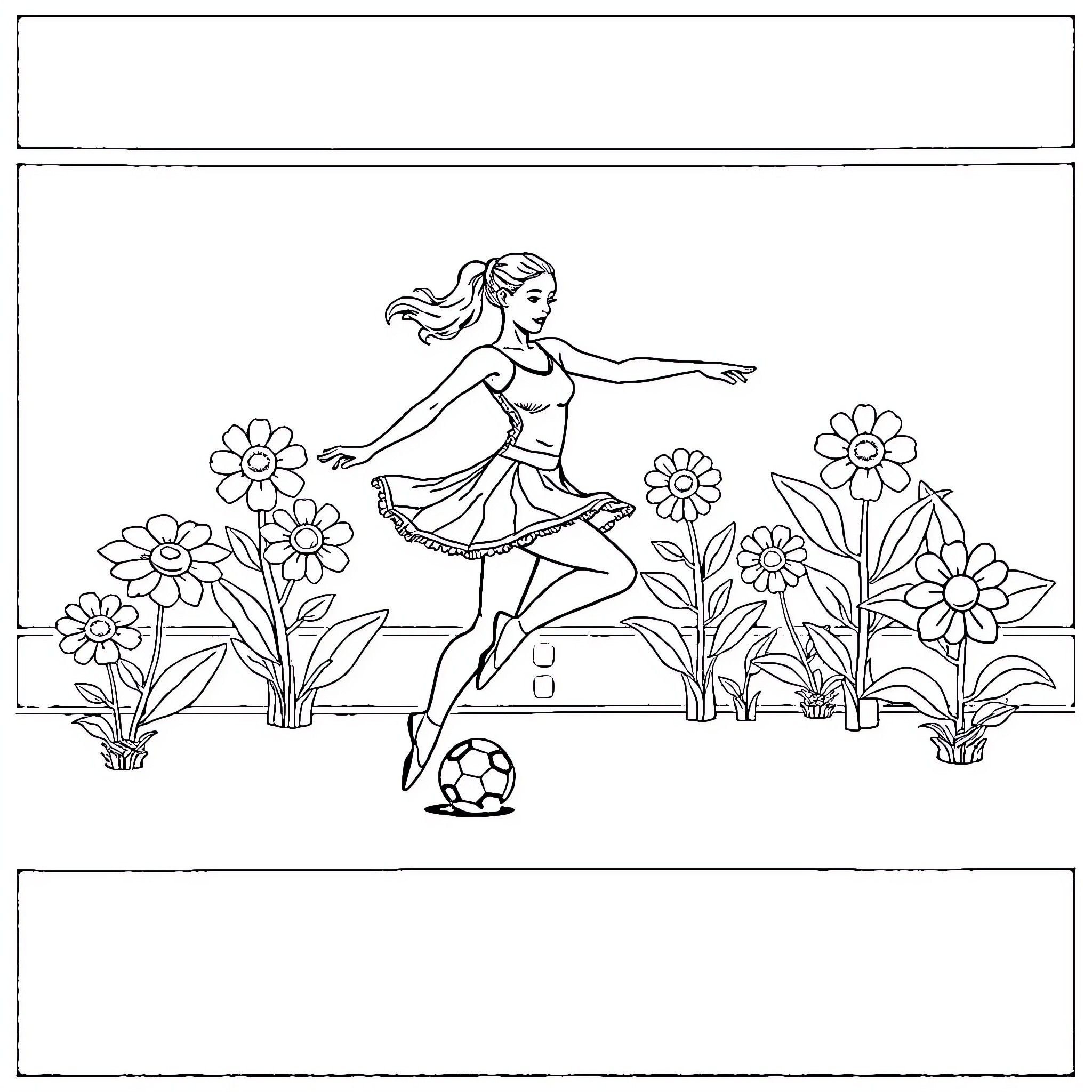 Ballerina dancing joyfully in flower garden Coloring Page (free black-and-white line drawing printable PDF for all, from beginners to advanced learners, including children, teens, adults, and seniors)