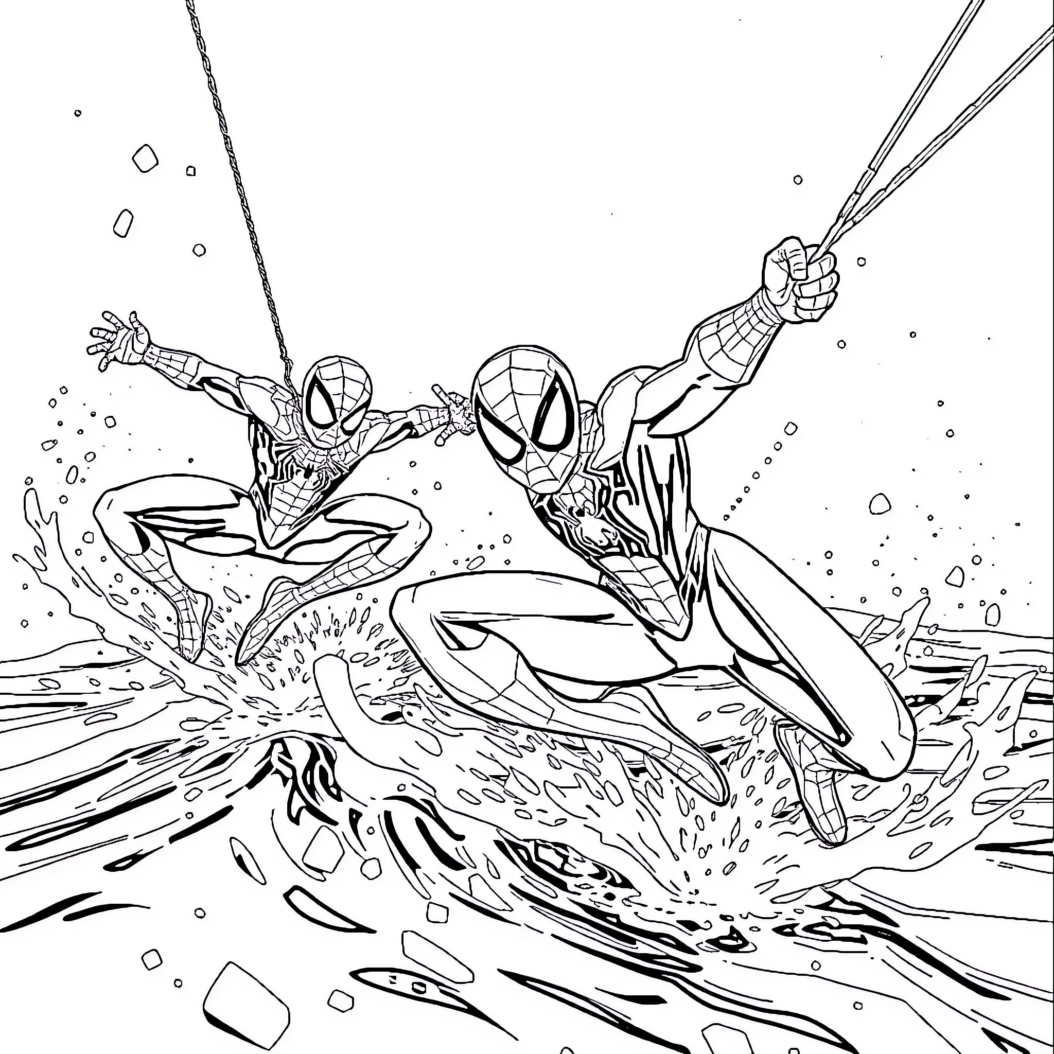 Spider-Man fighting villains in action-packed scene Coloring Page (free black-and-white line drawing printable PDF for all, from beginners to advanced learners, including children, teens, adults, and seniors)