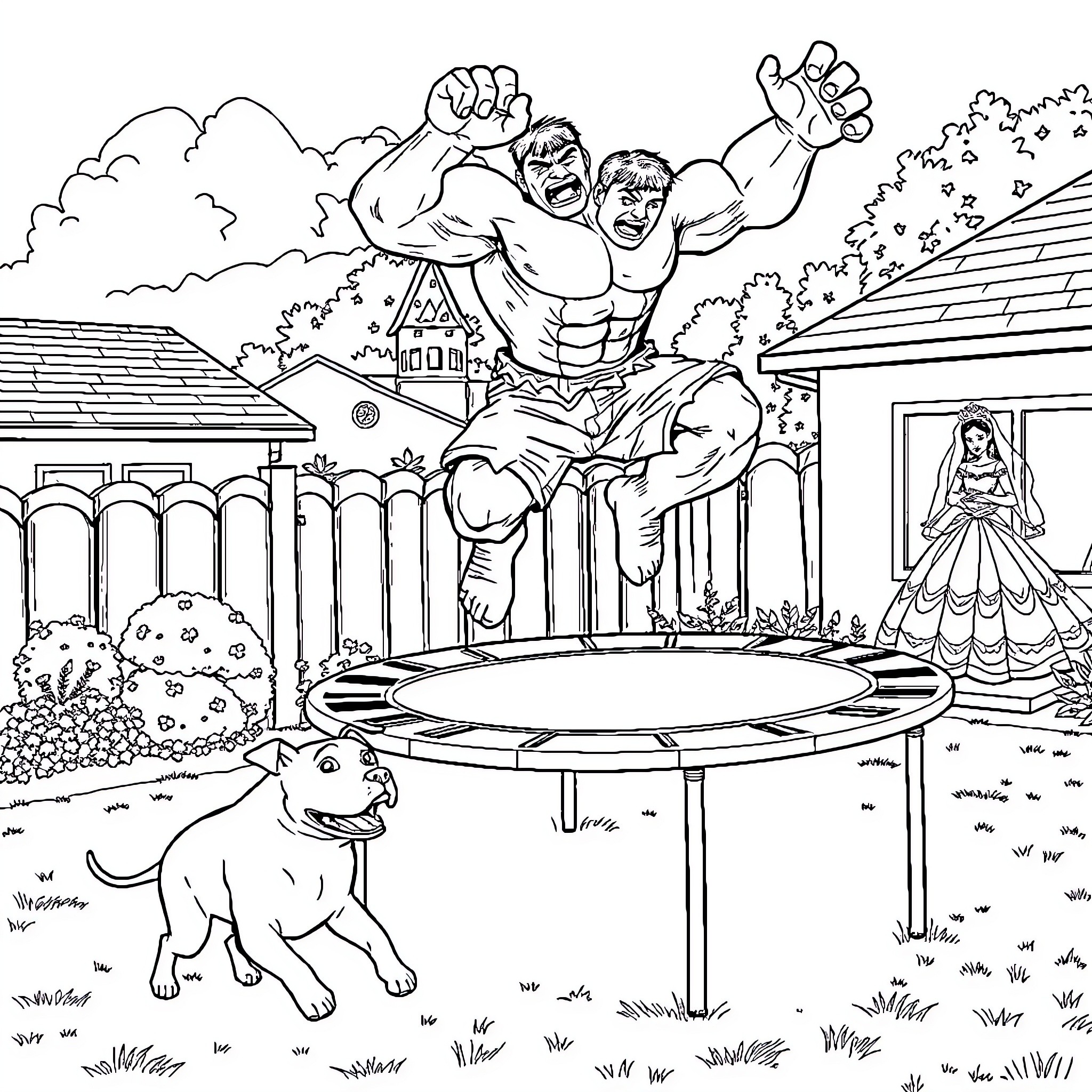 Hulk Smashing Outdoor Scene with Dog and Princess Coloring Page (free black-and-white line drawing printable PDF for all, from beginners to advanced learners, including children, teens, adults, and seniors)