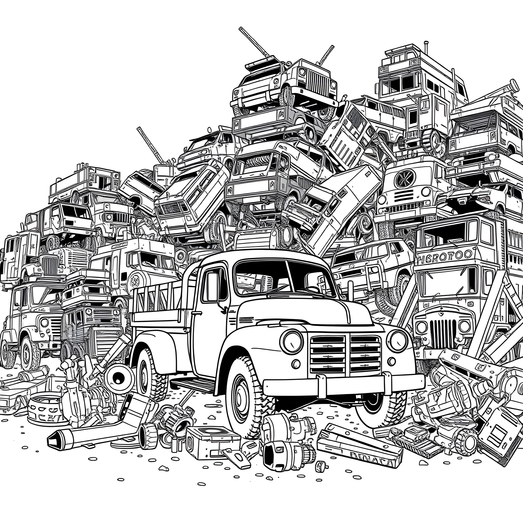 Pickup Truck Amongst Piled Up Vintage Vehicles Coloring Page (free black-and-white line drawing printable PDF for all, from beginners to advanced learners, including children, teens, adults, and seniors)