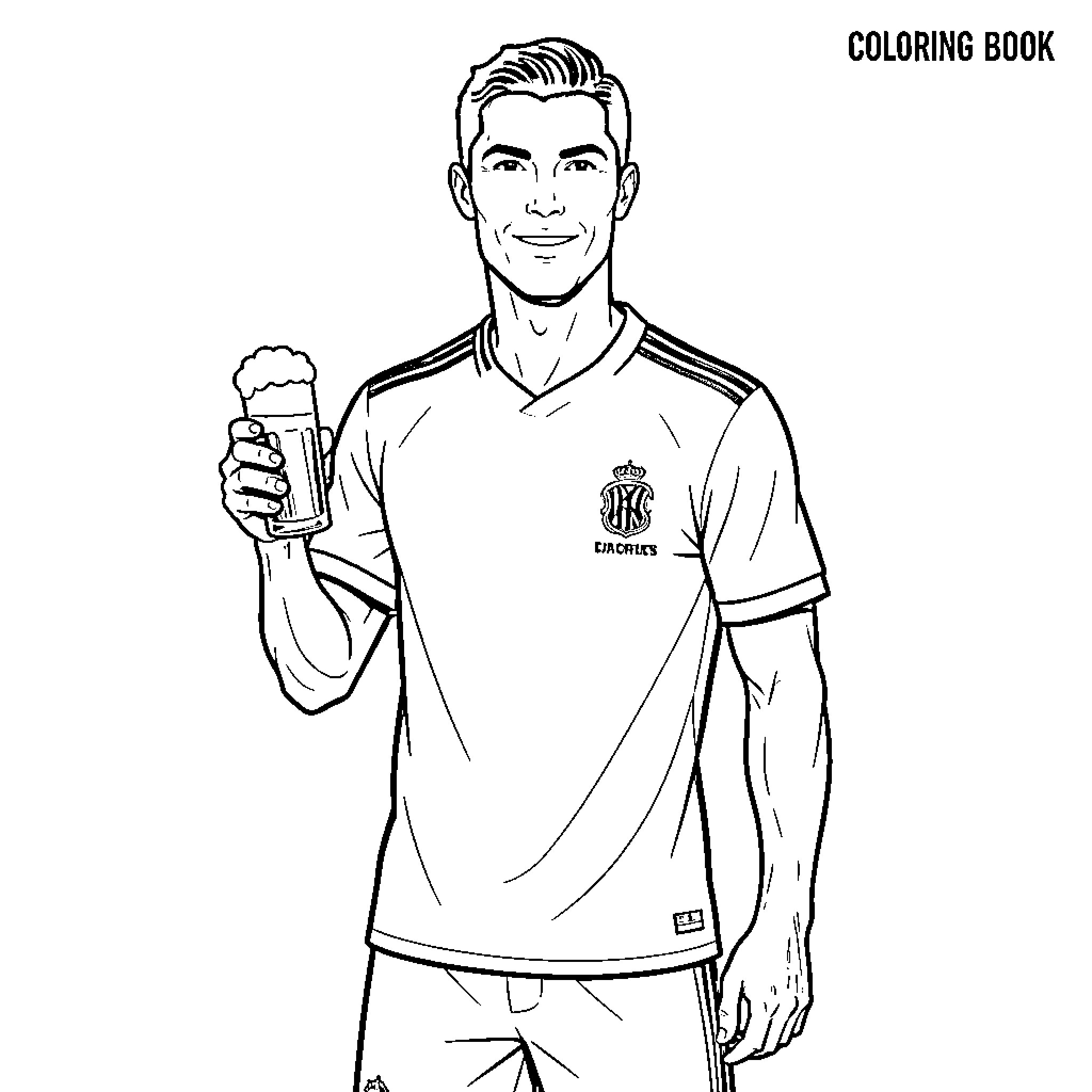 Ronaldo smiling while holding a glass of beer Coloring Page (free black-and-white line drawing printable PDF for all, from beginners to advanced learners, including children, teens, adults, and seniors)