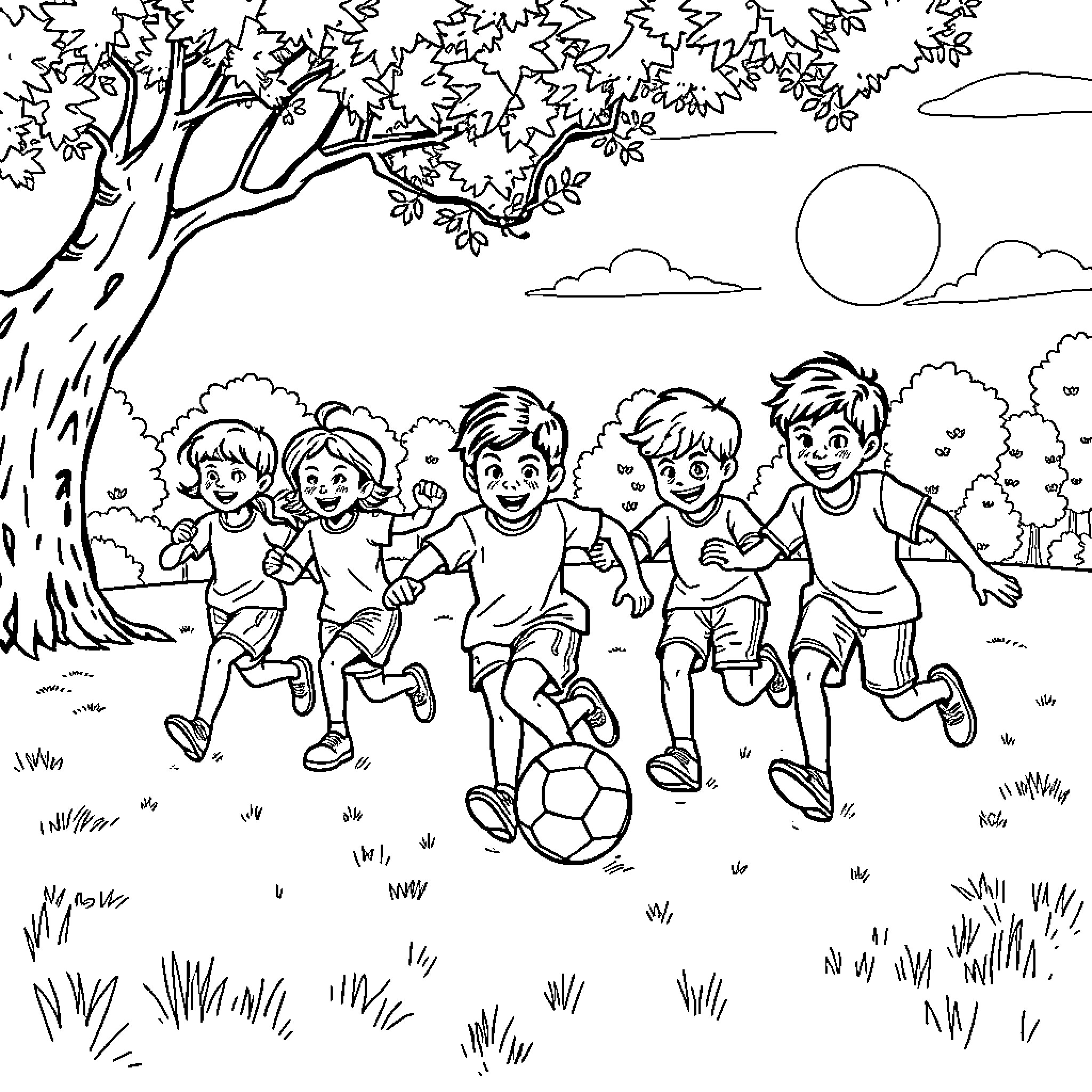 Child playing soccer happily with friends outdoors Coloring Page (free black-and-white line drawing printable PDF for all, from beginners to advanced learners, including children, teens, adults, and seniors)