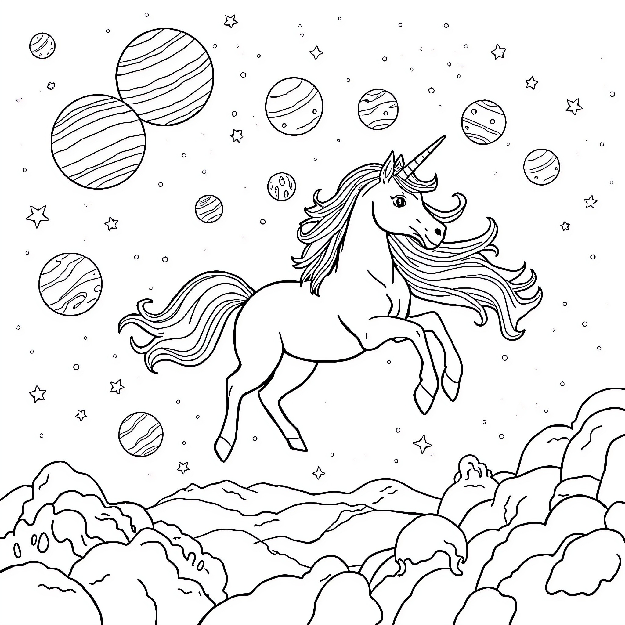 Unicorn floating in the cosmic landscape Coloring Page (free black-and-white line drawing printable PDF for all, from beginners to advanced learners, including children, teens, adults, and seniors)
