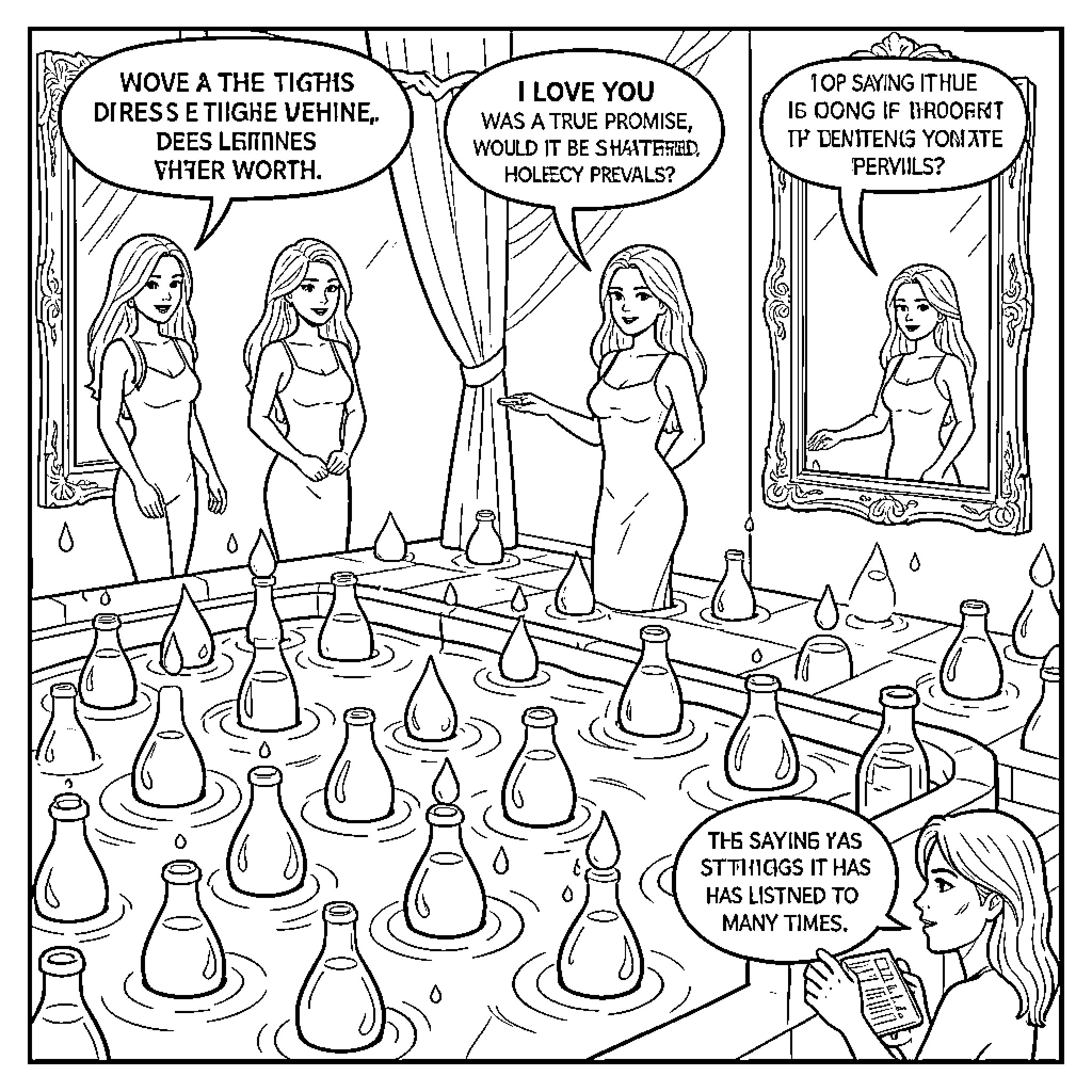 Teardrop girl looking into a mirror in a room Coloring Page (free black-and-white line drawing printable PDF for all, from beginners to advanced learners, including children, teens, adults, and seniors)