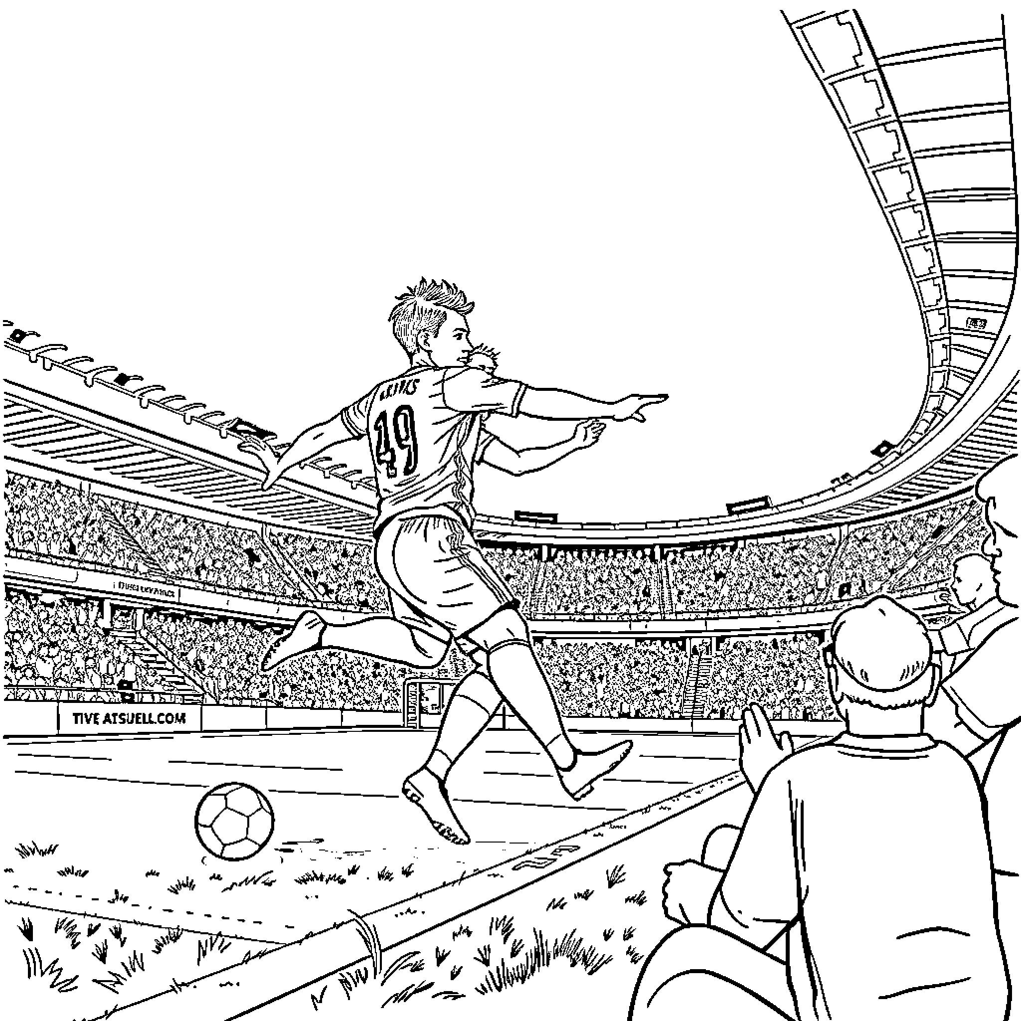 Nico Williams in action on the soccer field Coloring Page (free black-and-white line drawing printable PDF for all, from beginners to advanced learners, including children, teens, adults, and seniors)