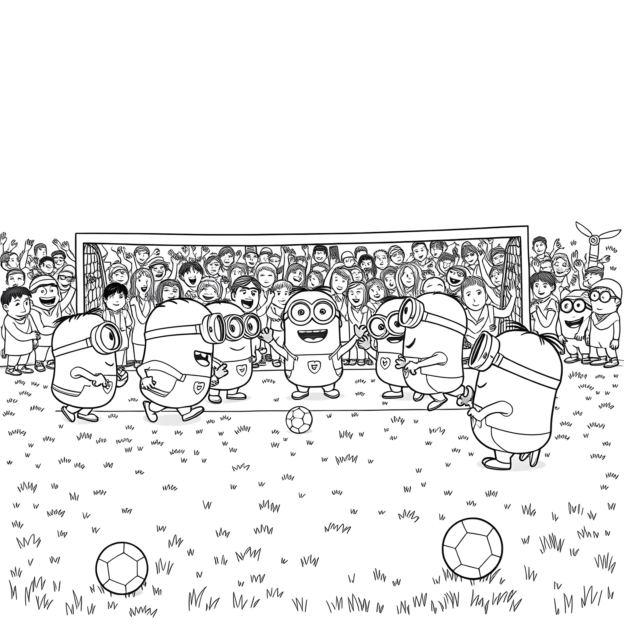 Minions playing soccer in a crowd Coloring Page (free black-and-white line drawing printable PDF for all, from beginners to advanced learners, including children, teens, adults, and seniors)