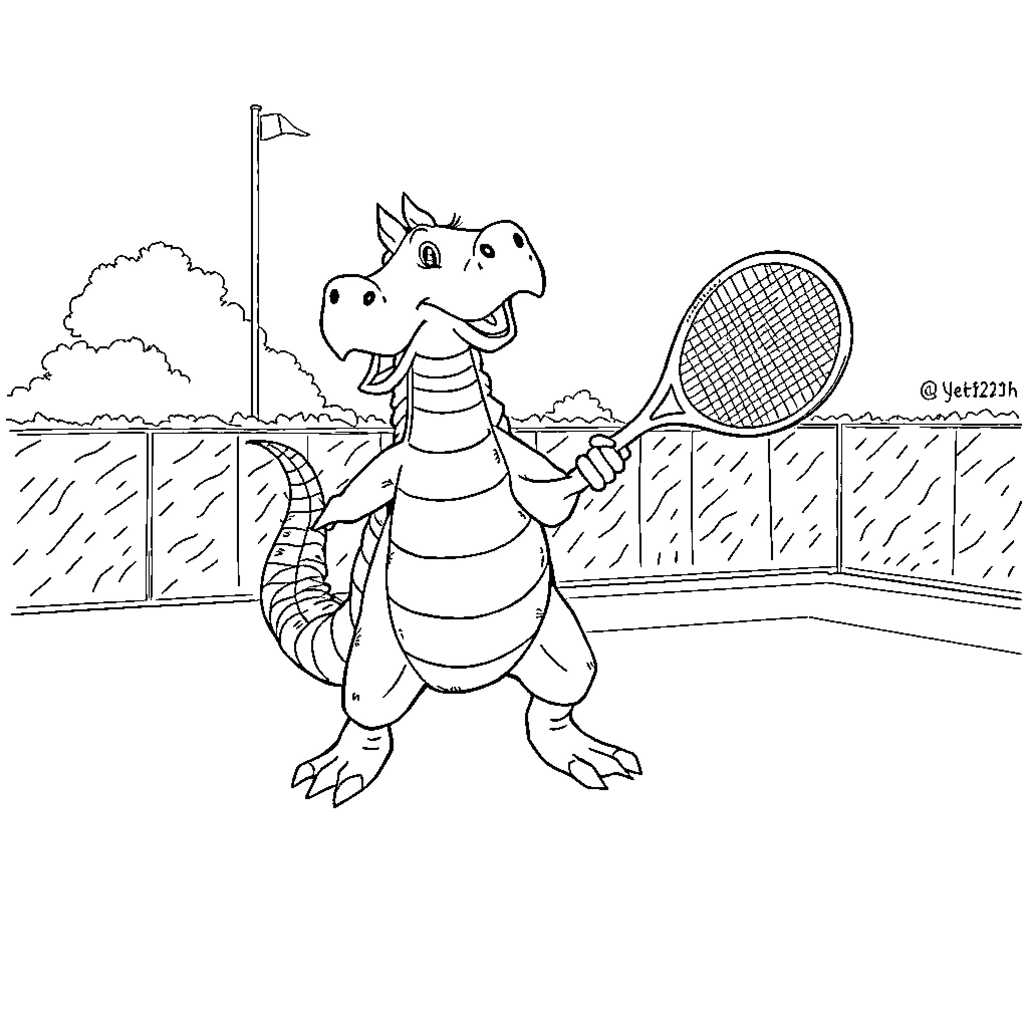 Dragon playing tennis on the court Coloring Page (free black-and-white line drawing printable PDF for all, from beginners to advanced learners, including children, teens, adults, and seniors)