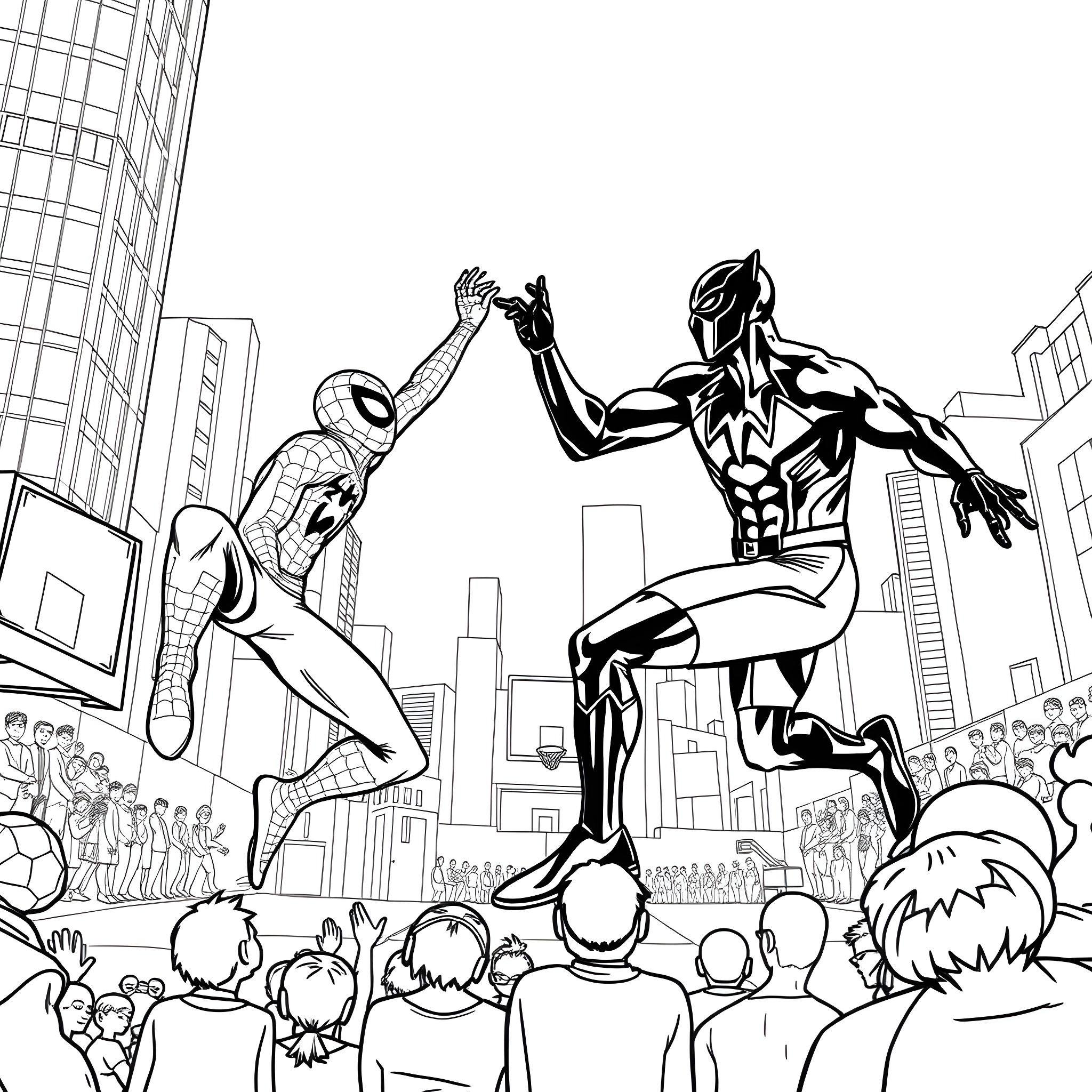 Spider-Man and Black Panther fighting heroically in the city Coloring Page (free black-and-white line drawing printable PDF for all, from beginners to advanced learners, including children, teens, adults, and seniors)