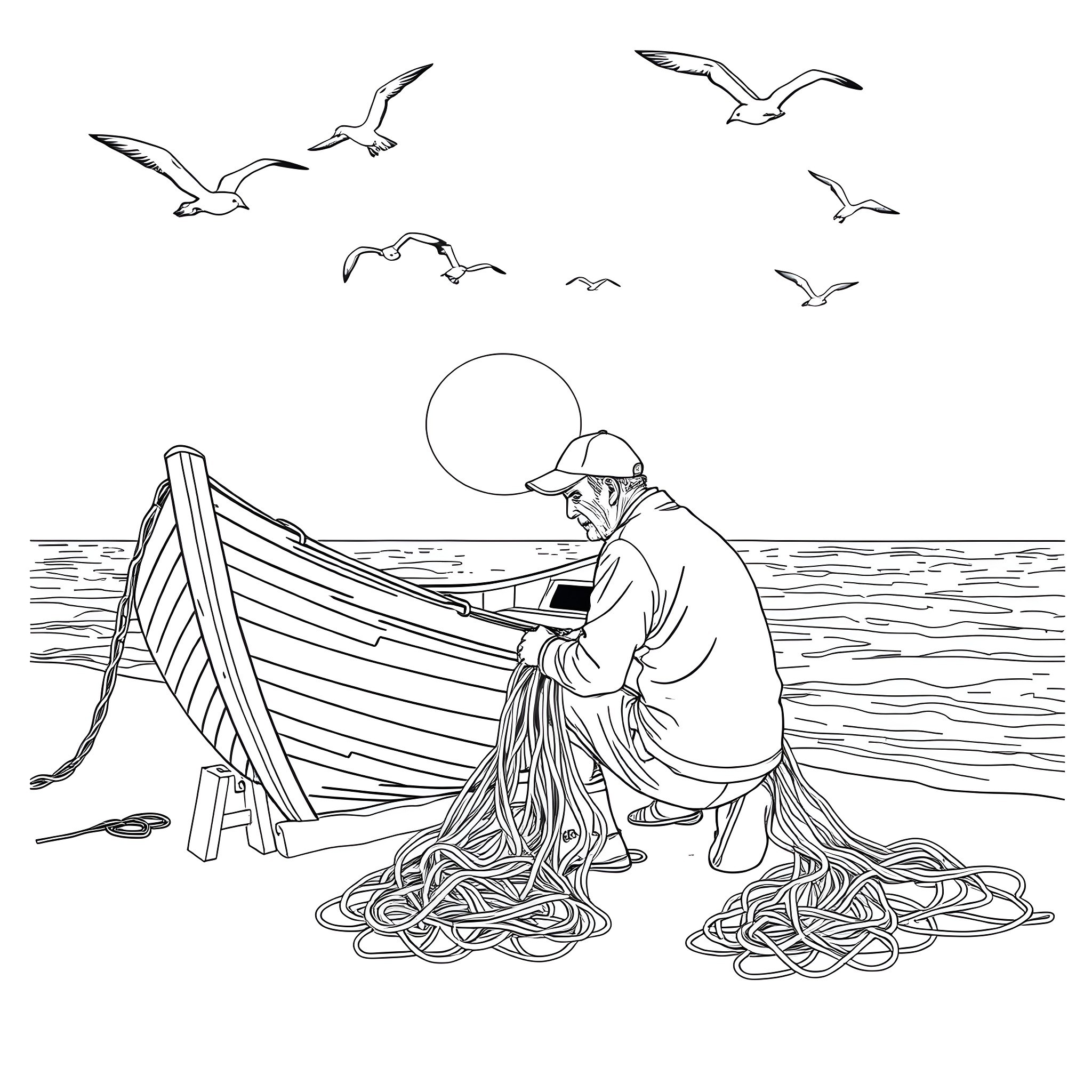 Fisherman mending his fishing net on a boat at sunset Coloring Page (free black-and-white line drawing printable PDF for all, from beginners to advanced learners, including children, teens, adults, and seniors)