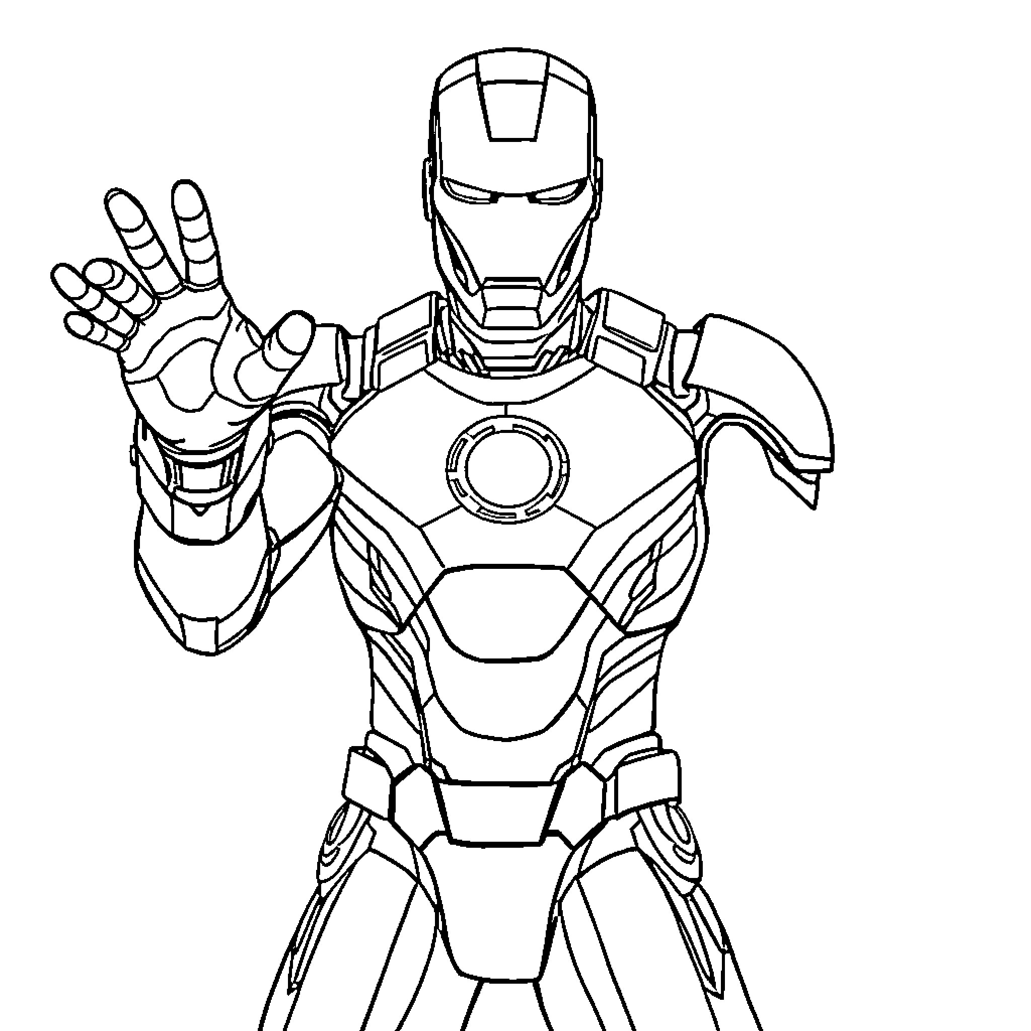 Iron Man Raising Hand in Heroic Pose Coloring Page (free black-and-white line drawing printable PDF for all, from beginners to advanced learners, including children, teens, adults, and seniors)