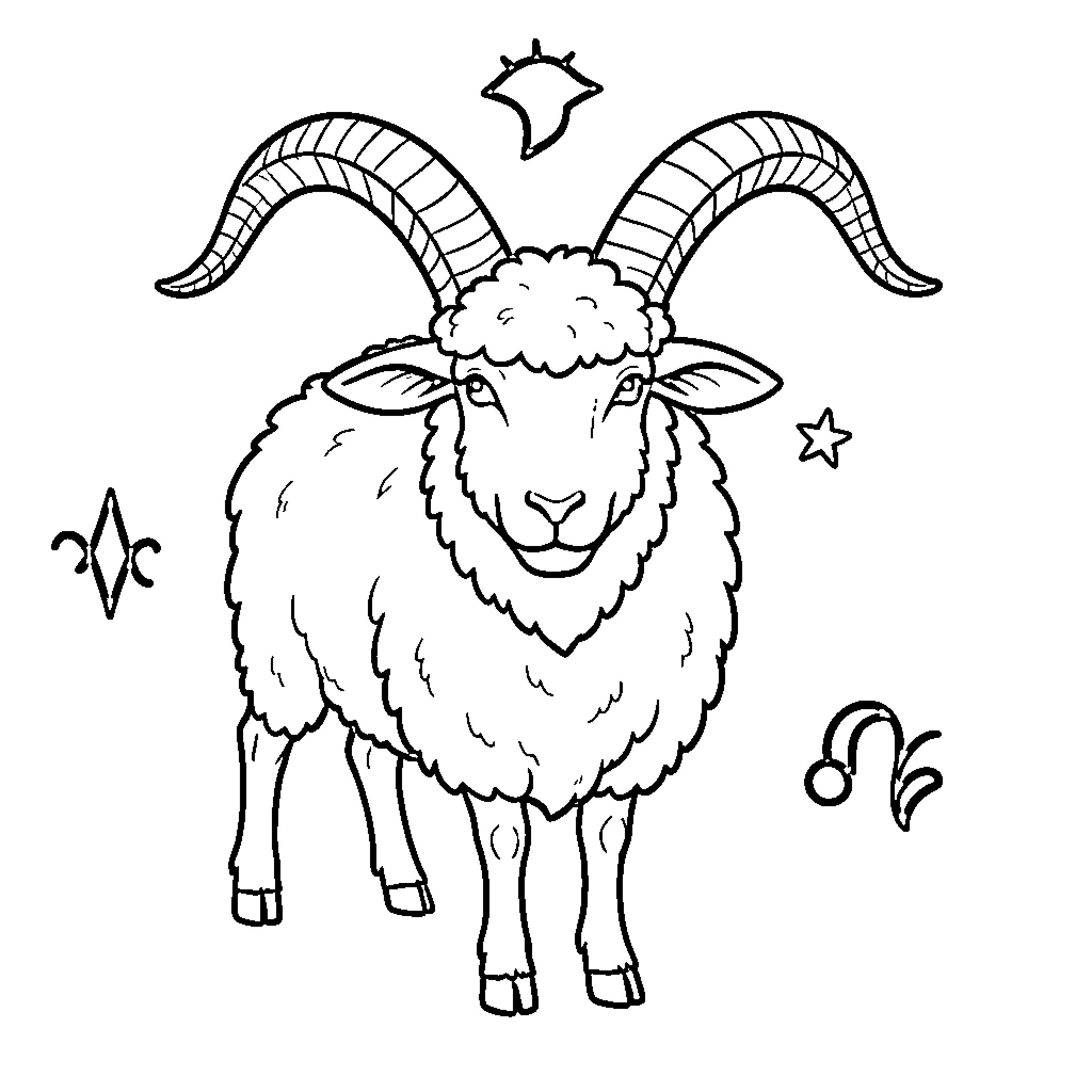 Aries ram standing proudly among celestial symbols Coloring Page (free black-and-white line drawing printable PDF for all, from beginners to advanced learners, including children, teens, adults, and seniors)