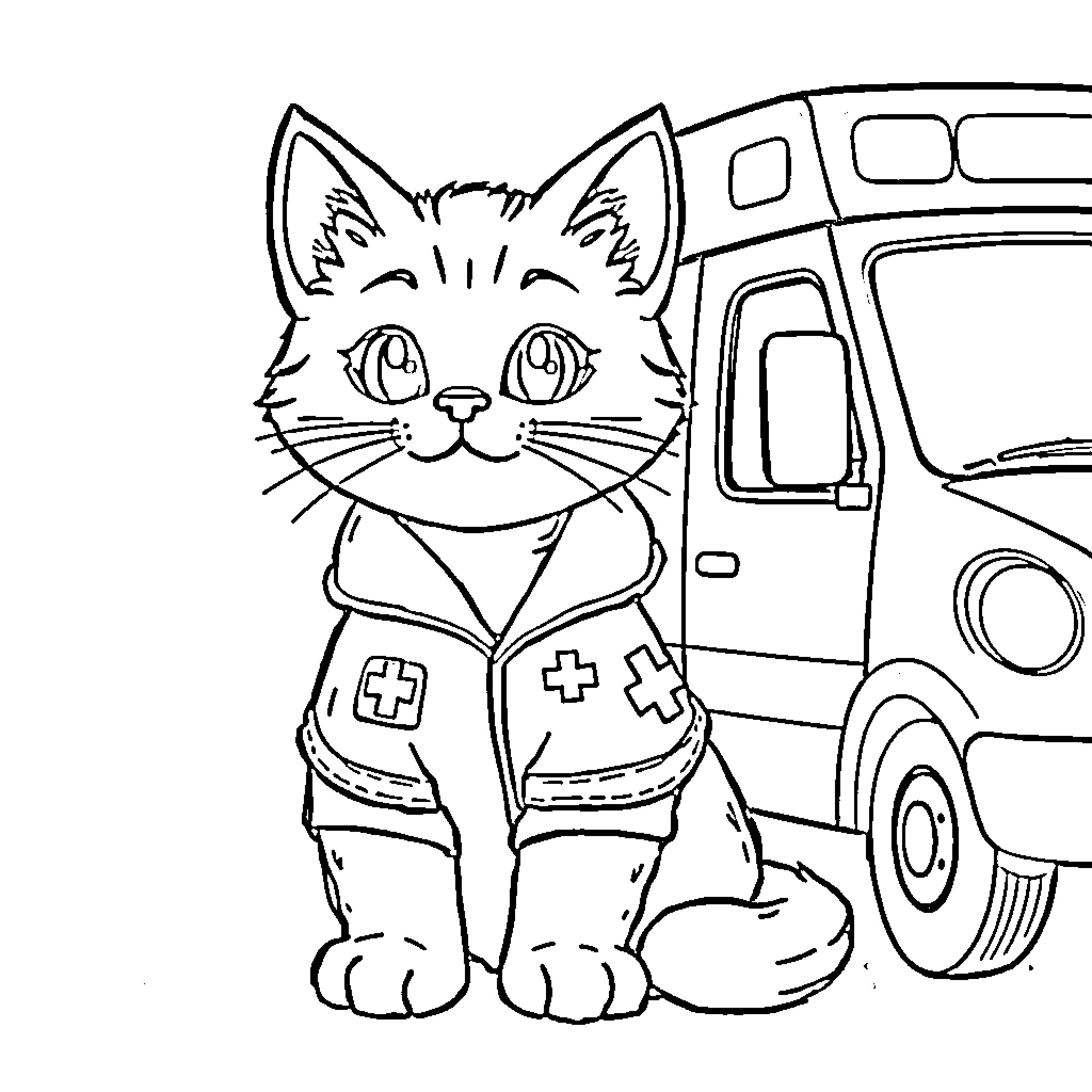 Cat Ambulance Crew Member in Uniform Coloring Page (free black-and-white line drawing printable PDF for all, from beginners to advanced learners, including children, teens, adults, and seniors)
