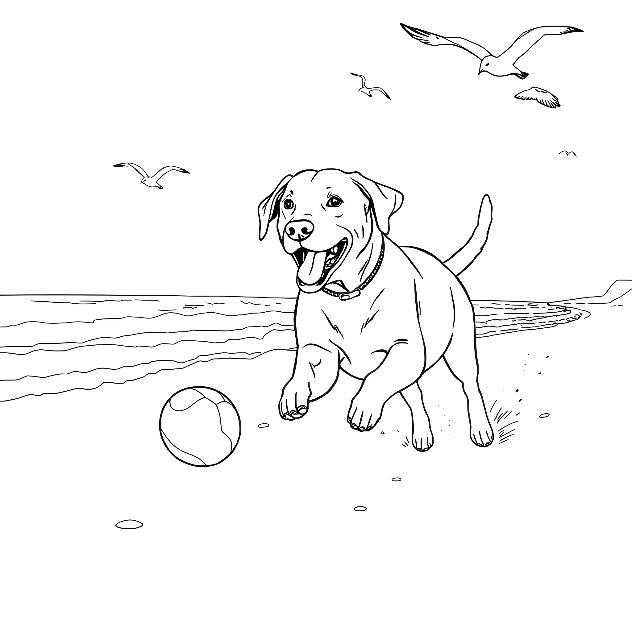 Lab dog playing joyfully on the beach Coloring Page (free black-and-white line drawing printable PDF for all, from beginners to advanced learners, including children, teens, adults, and seniors)