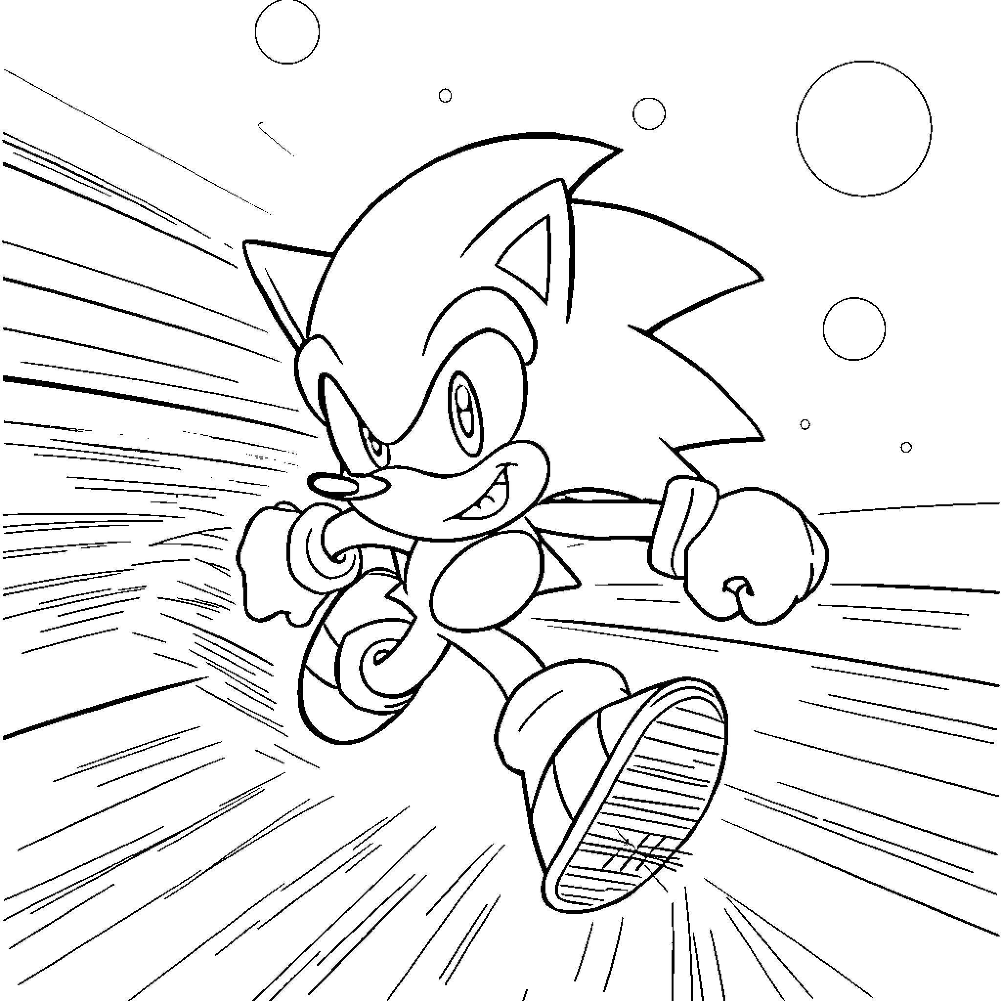 Sonic the Hedgehog running at high speed Coloring Page (free black-and-white line drawing printable PDF for all, from beginners to advanced learners, including children, teens, adults, and seniors)