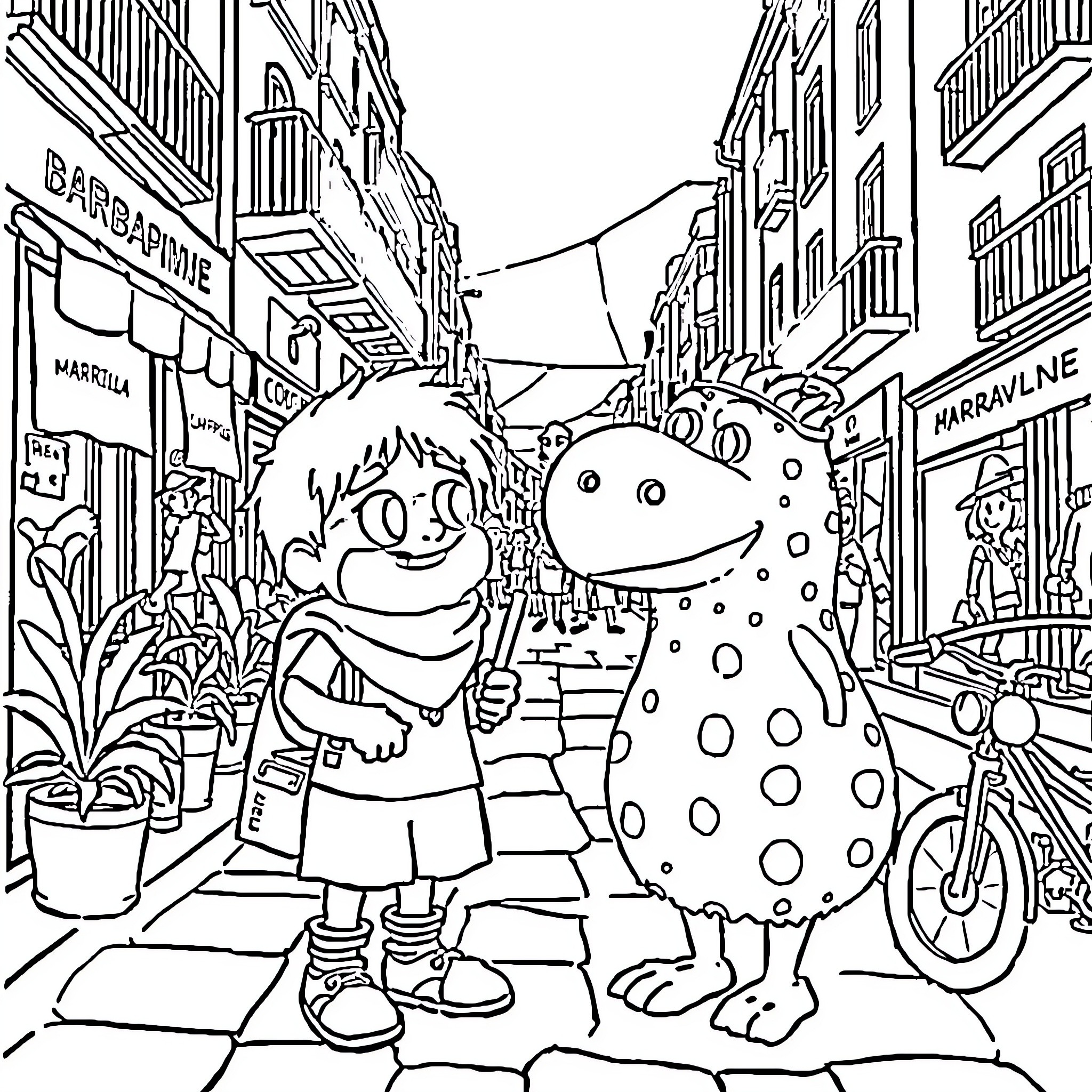 Barbapapa exploring the bustling city streets Coloring Page (free black-and-white line drawing printable PDF for all, from beginners to advanced learners, including children, teens, adults, and seniors)