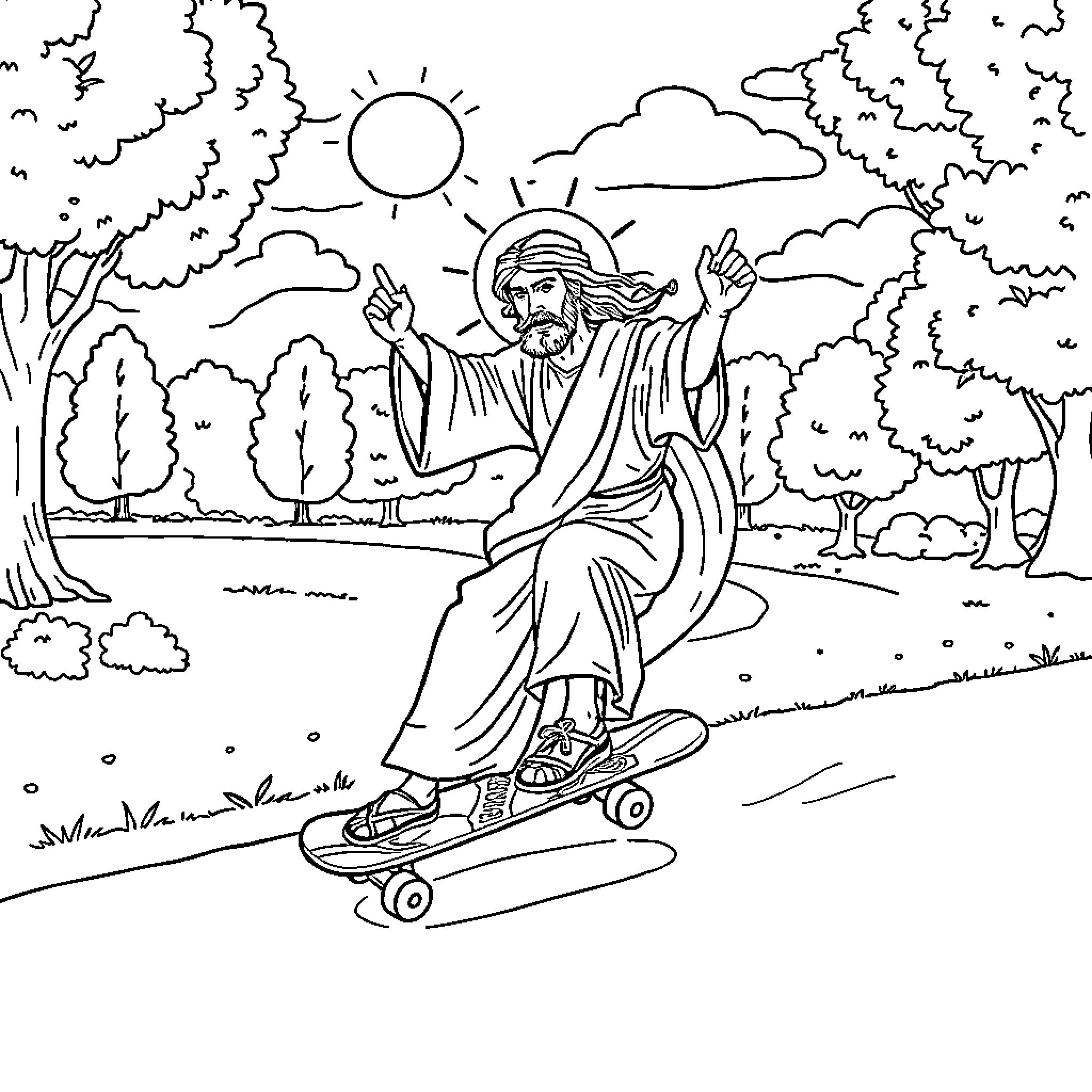 Jesus riding a skateboard in a serene nature landscape Coloring Page (free black-and-white line drawing printable PDF for all, from beginners to advanced learners, including children, teens, adults, and seniors)