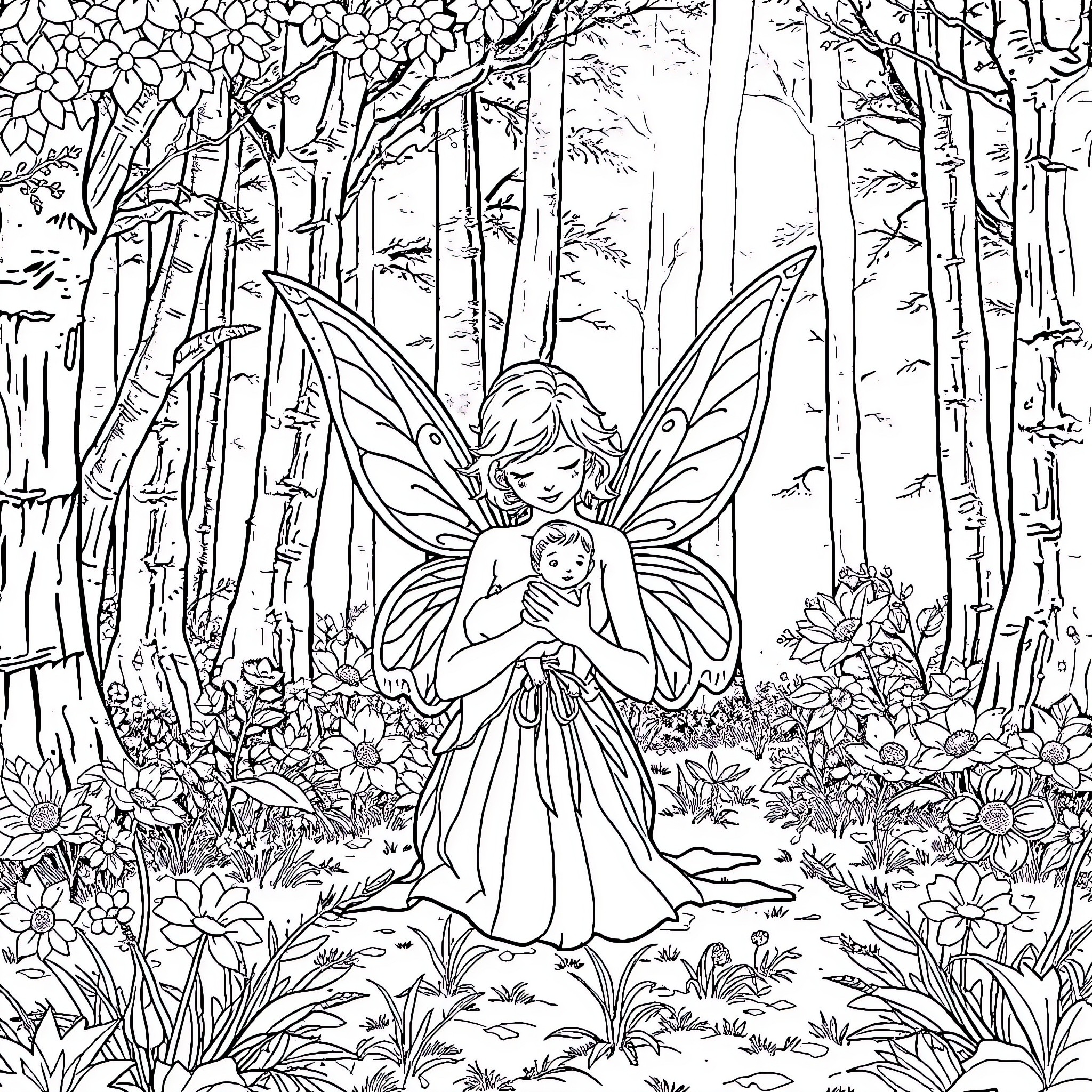 Faerie Mother and Child in Enchanted Forest Coloring Page (free black-and-white line drawing printable PDF for all, from beginners to advanced learners, including children, teens, adults, and seniors)