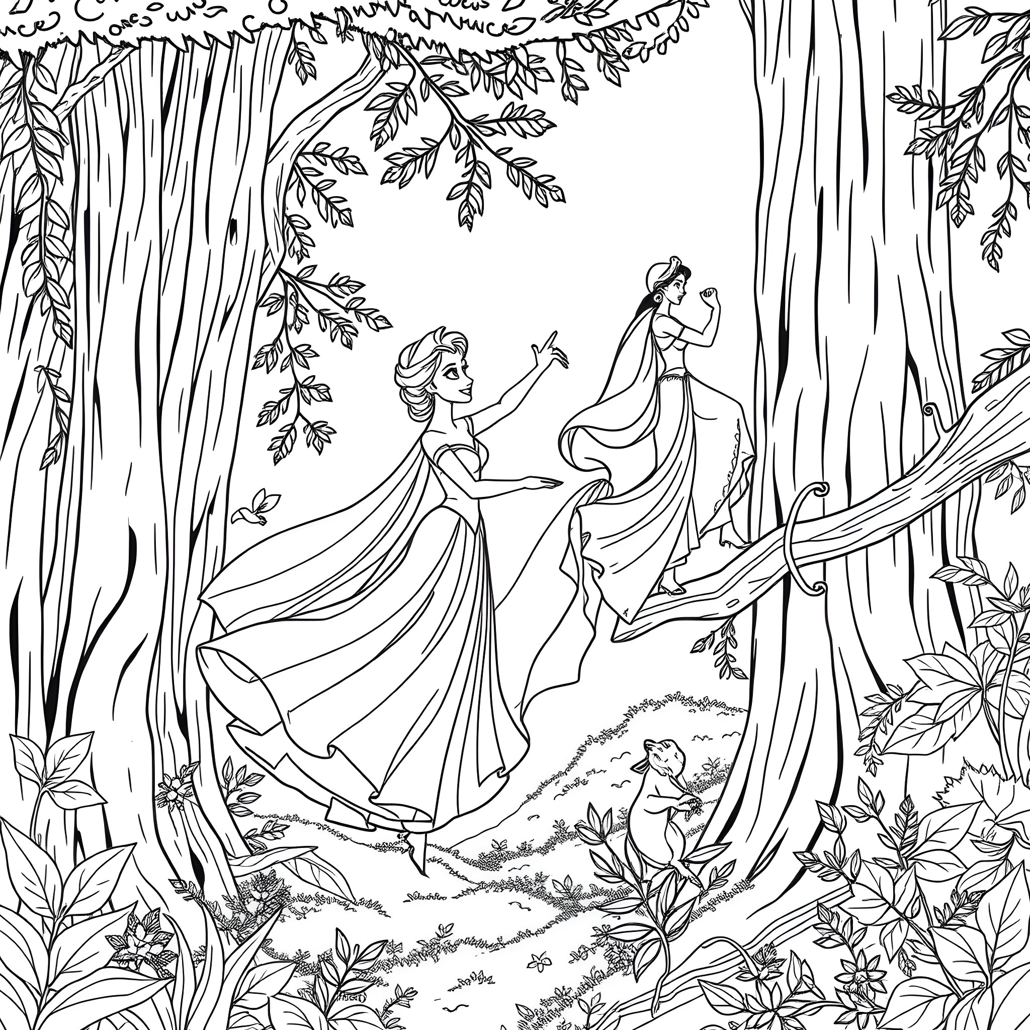 Elsa's Enchanting Forest Dance Coloring Page (free black-and-white line drawing printable PDF for all, from beginners to advanced learners, including children, teens, adults, and seniors)
