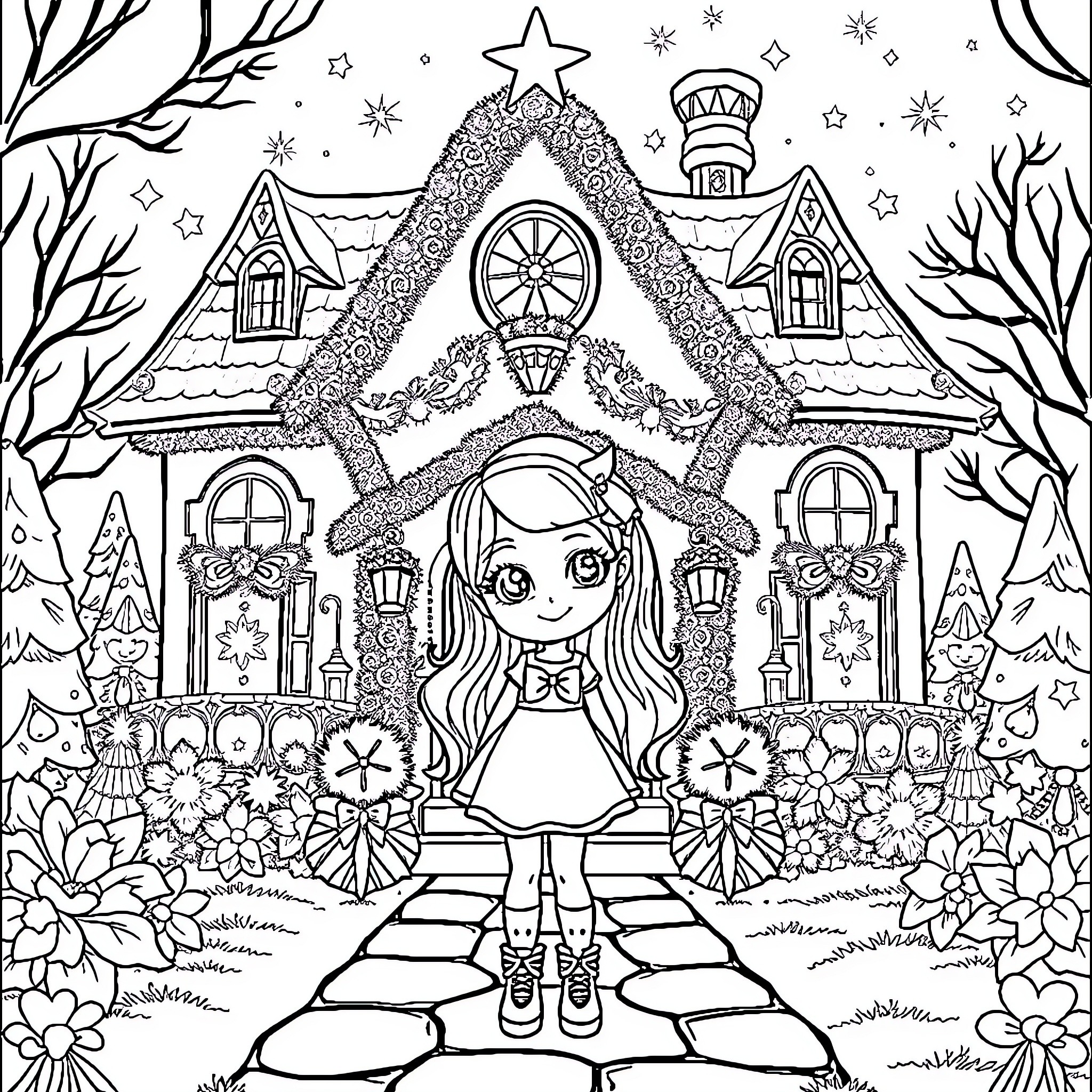 Gabby's Enchanting Winter Wonderland Coloring Page (free black-and-white line drawing printable PDF for all, from beginners to advanced learners, including children, teens, adults, and seniors)