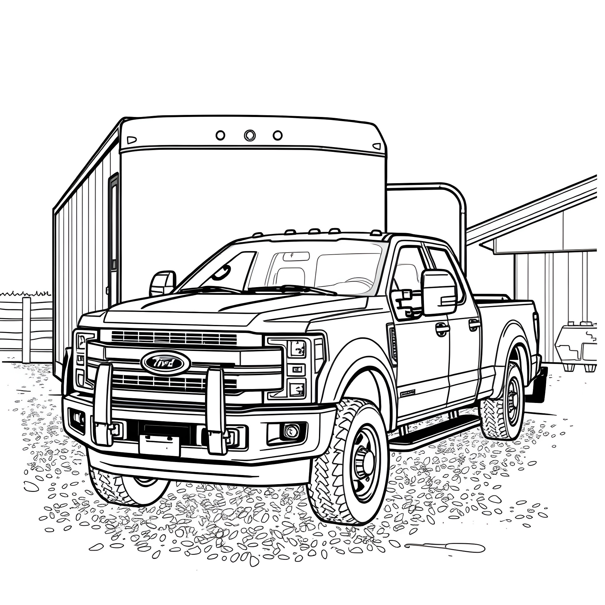 Gooseneck Trailer with rugged pickup truck Coloring Page (free black-and-white line drawing printable PDF for all, from beginners to advanced learners, including children, teens, adults, and seniors)