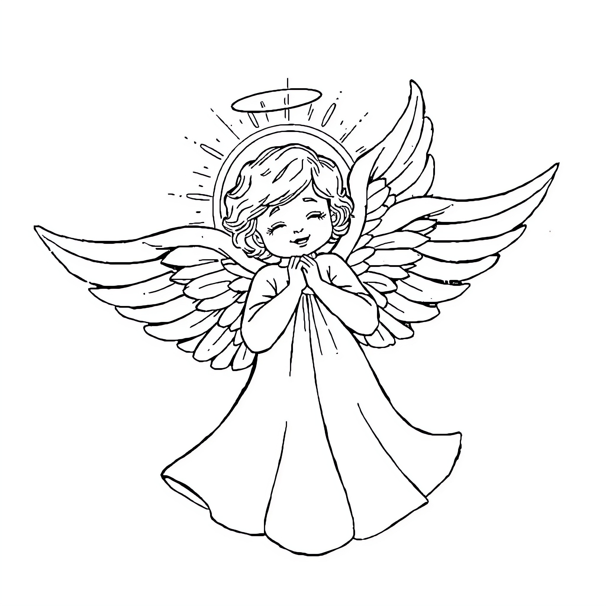 Angel in a praying pose with wings Coloring Page (free black-and-white line drawing printable PDF for all, from beginners to advanced learners, including children, teens, adults, and seniors)