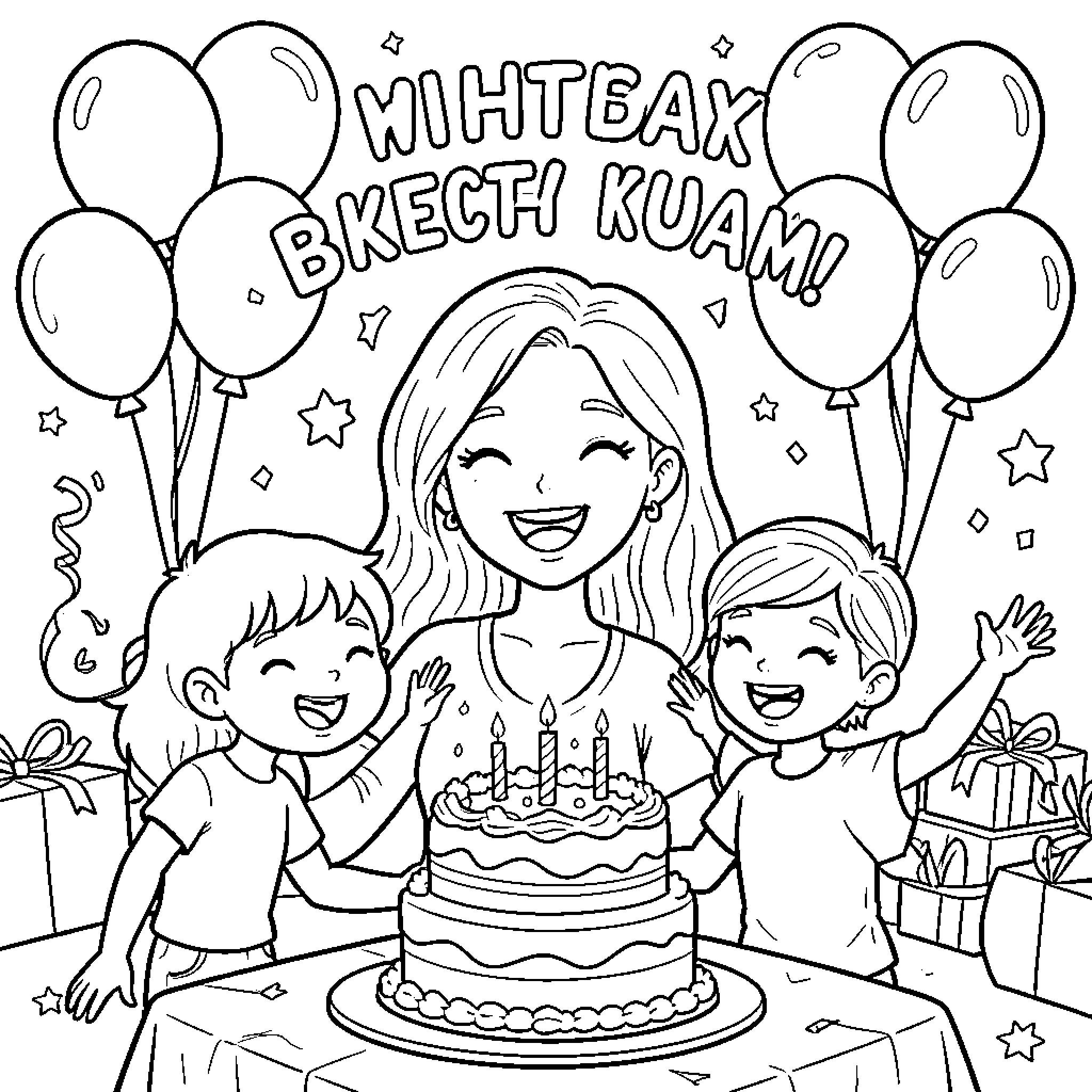 Mom celebrating birthday with children Coloring Page (free black-and-white line drawing printable PDF for all, from beginners to advanced learners, including children, teens, adults, and seniors)