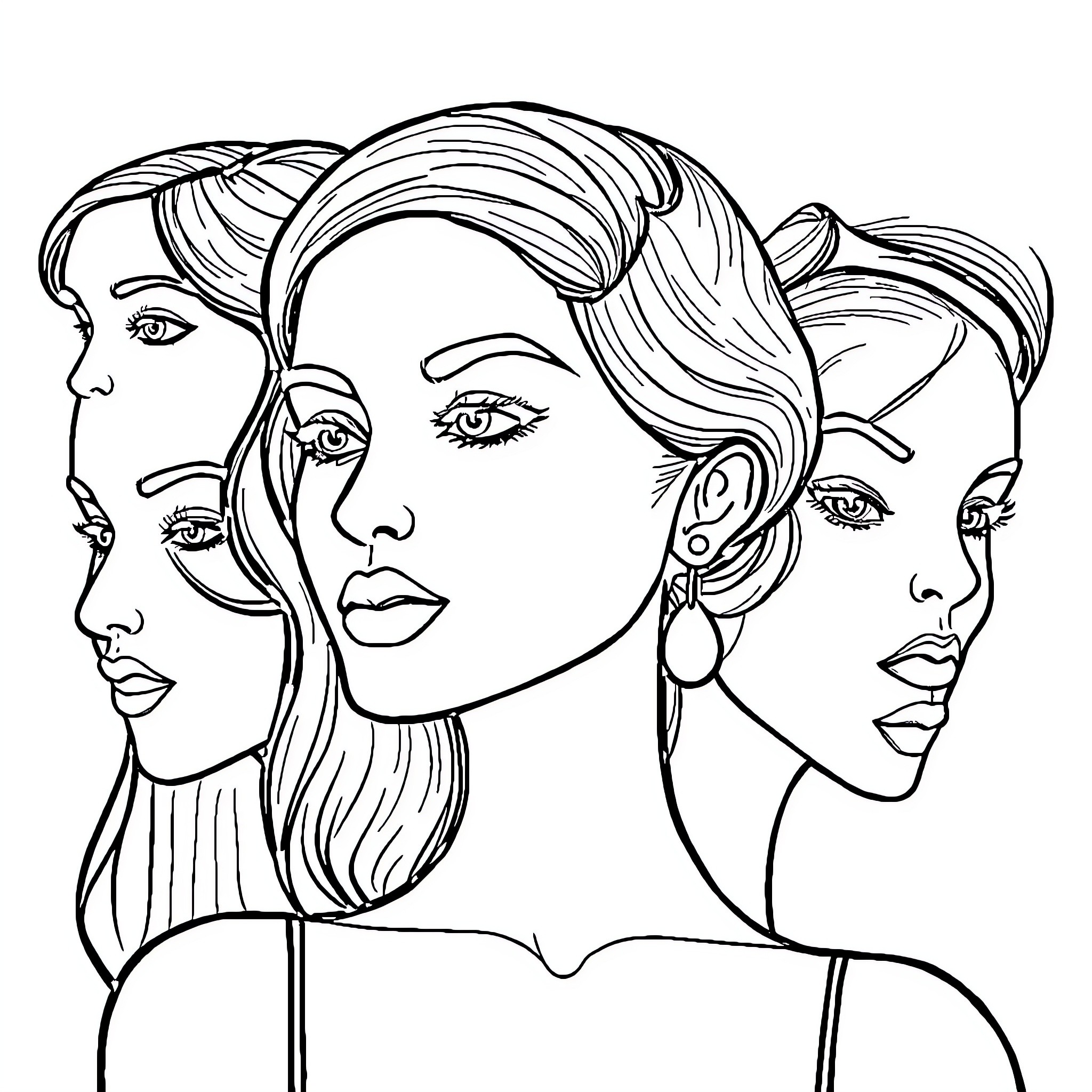 Woman with Elegant Hairstyles and Expressions Coloring Page (free black-and-white line drawing printable PDF for all, from beginners to advanced learners, including children, teens, adults, and seniors)