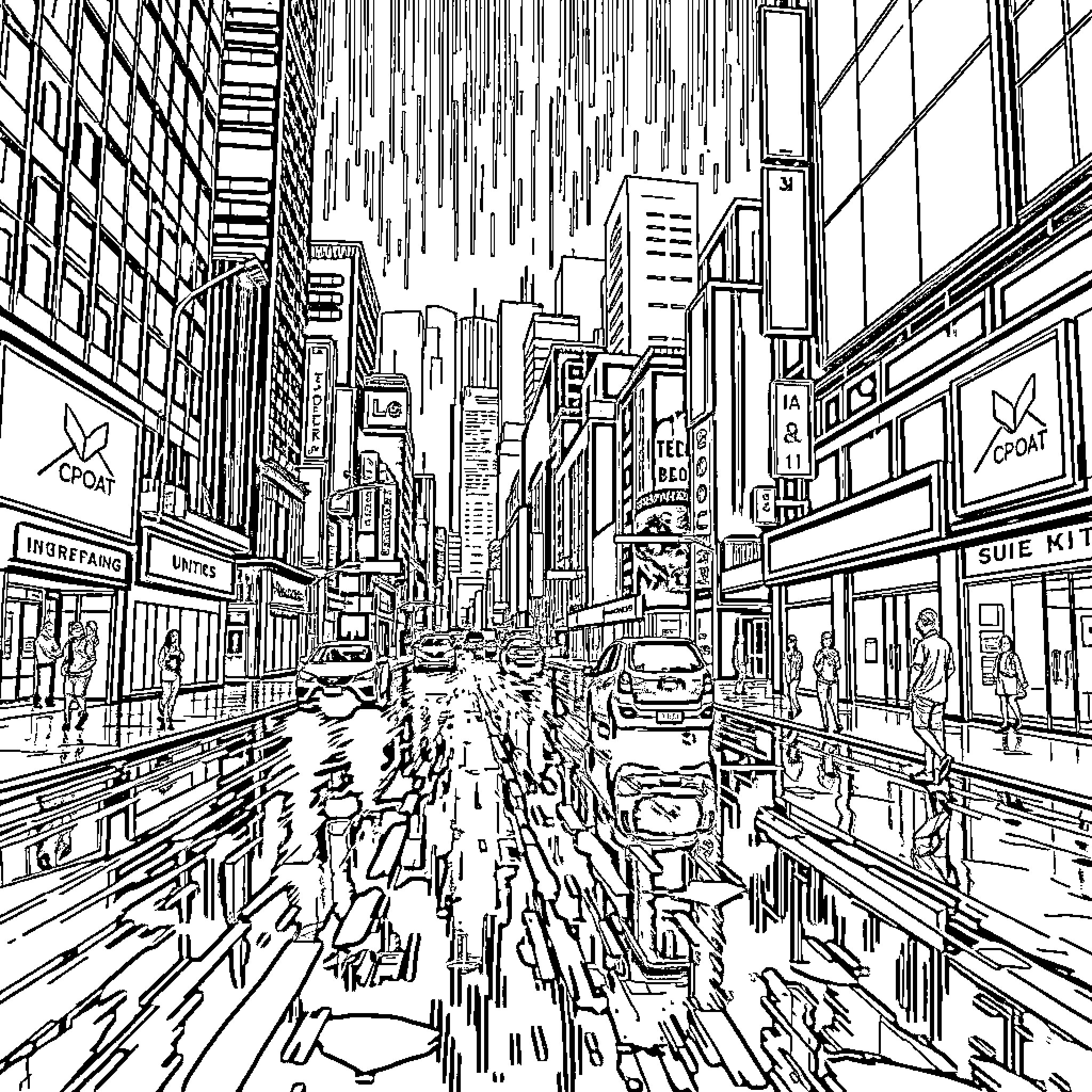 City Bustling with Pedestrians and Vehicles Coloring Page (free black-and-white line drawing printable PDF for all, from beginners to advanced learners, including children, teens, adults, and seniors)