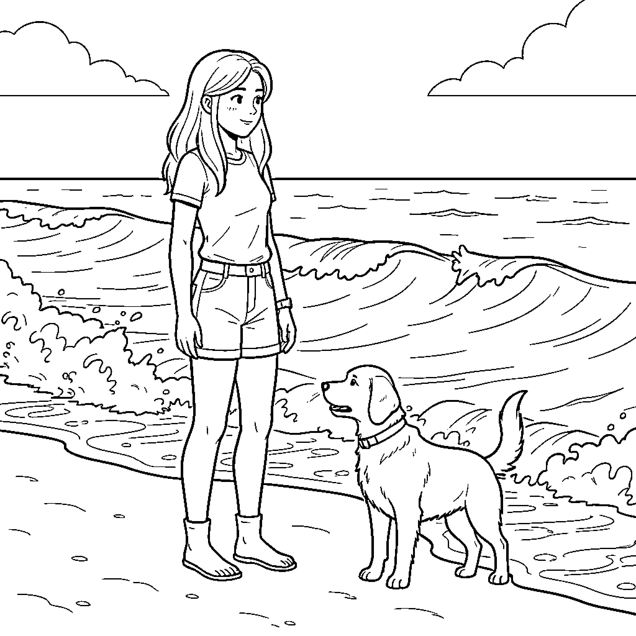 Woman standing on the beach with her dog Coloring Page (free black-and-white line drawing printable PDF for all, from beginners to advanced learners, including children, teens, adults, and seniors)