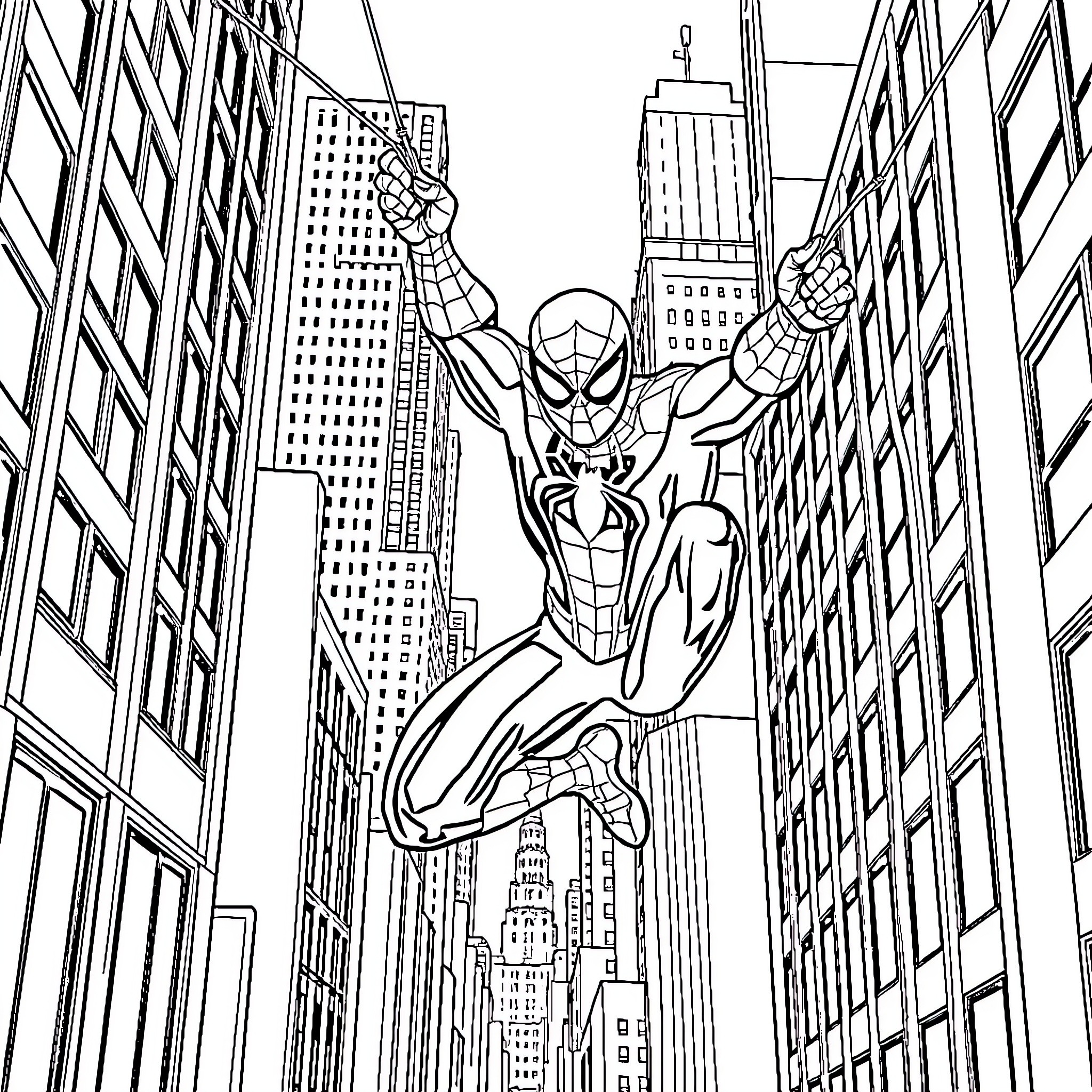 Spiderman swinging through the cityscape Coloring Page (free black-and-white line drawing printable PDF for all, from beginners to advanced learners, including children, teens, adults, and seniors)