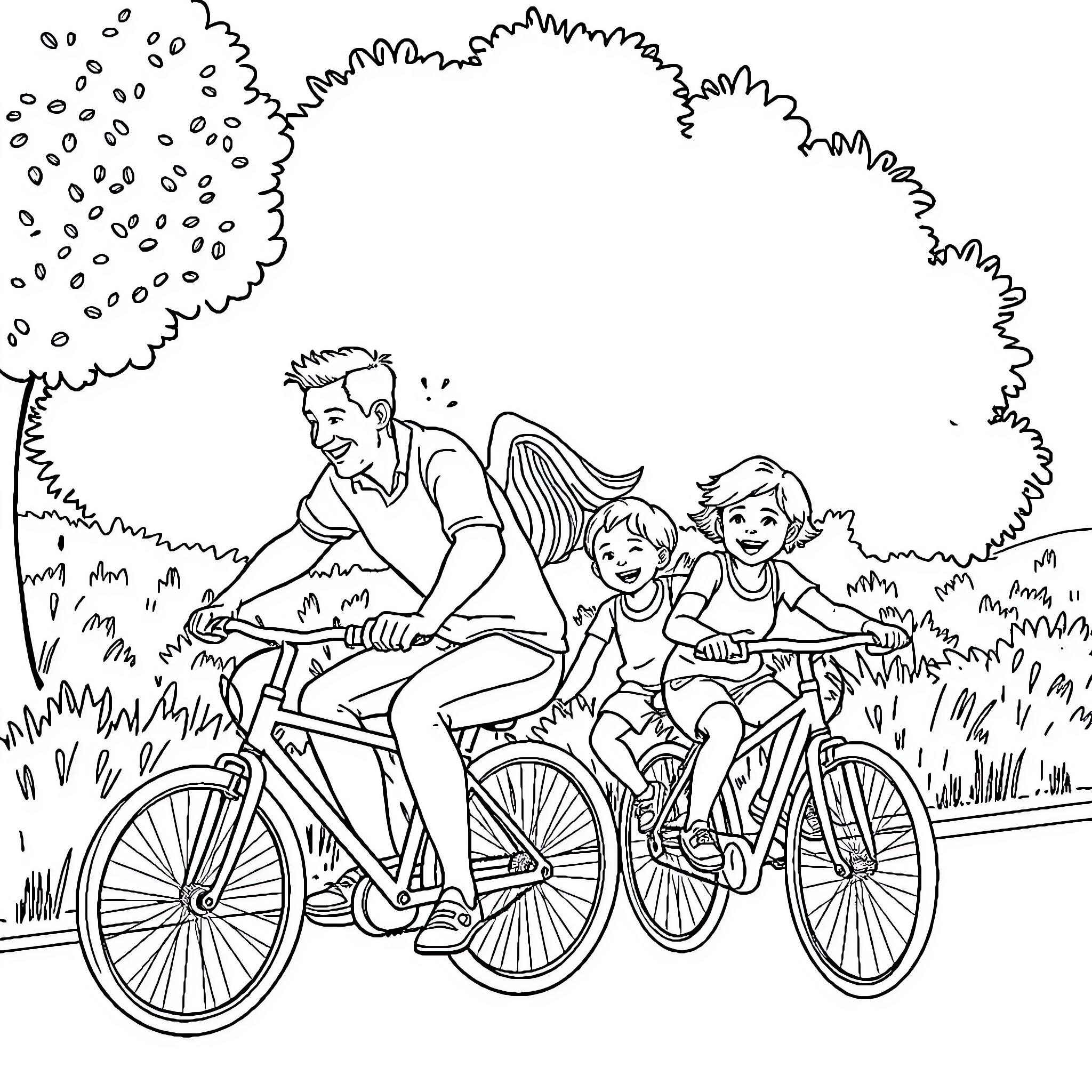 Bicycle ride with family in nature Coloring Page (free black-and-white line drawing printable PDF for all, from beginners to advanced learners, including children, teens, adults, and seniors)