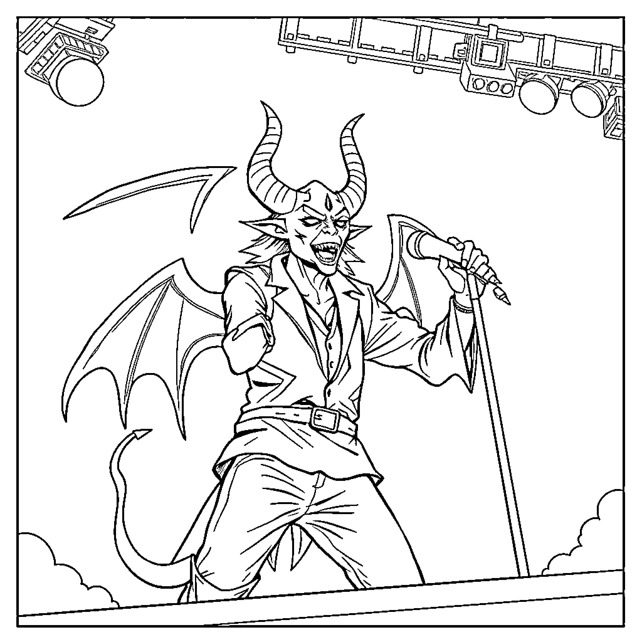 K-POP Demon Hunter battles with menacing horns and wings Coloring Page (free black-and-white line drawing printable PDF for all, from beginners to advanced learners, including children, teens, adults, and seniors)