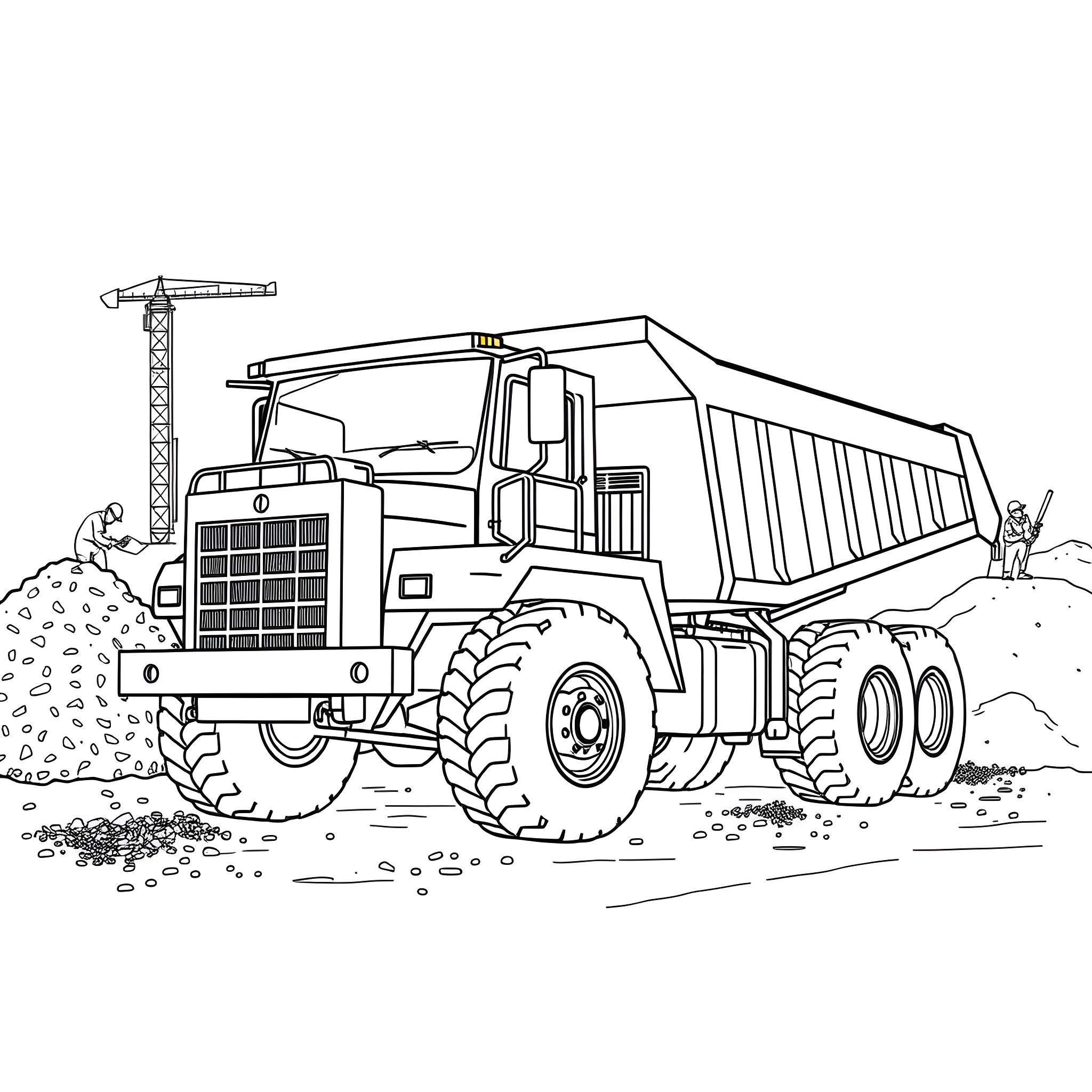 Dumper truck hauling construction materials on site Coloring Page (free black-and-white line drawing printable PDF for all, from beginners to advanced learners, including children, teens, adults, and seniors)