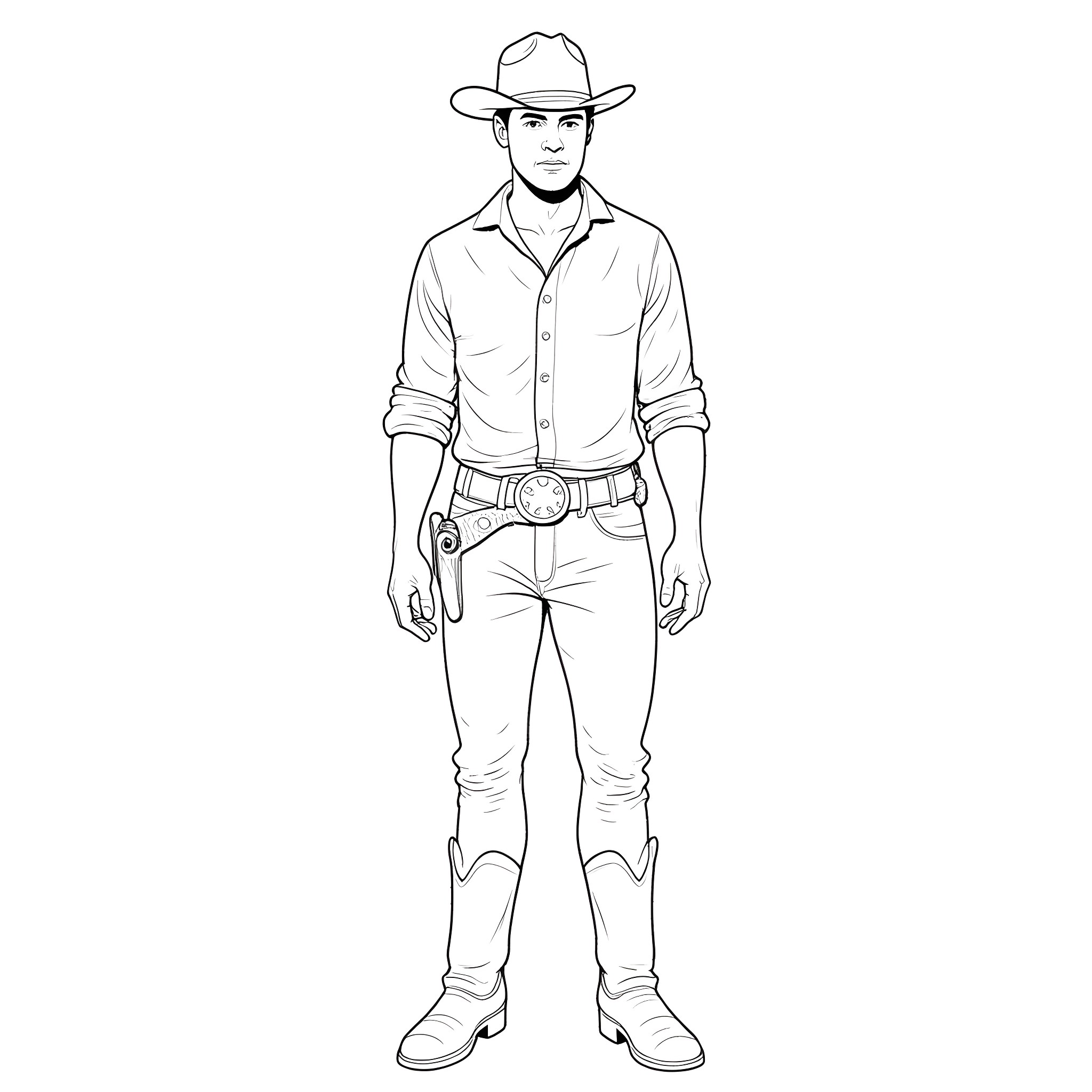 Cowboy standing in a confident pose Coloring Page (free black-and-white line drawing printable PDF for all, from beginners to advanced learners, including children, teens, adults, and seniors)