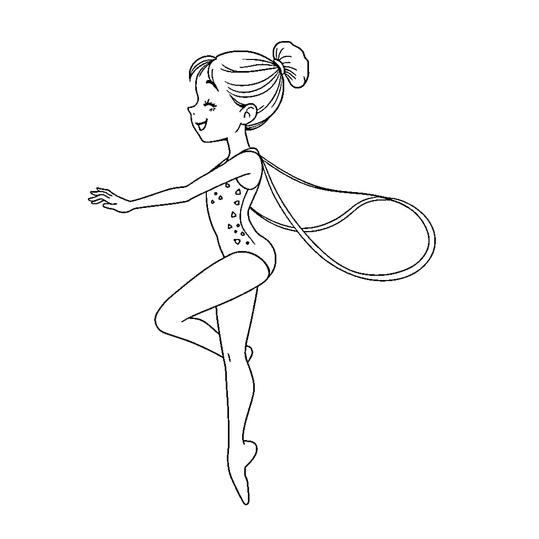 Gymnast performing with ribbon in motion Coloring Page (free black-and-white line drawing printable PDF for all, from beginners to advanced learners, including children, teens, adults, and seniors)