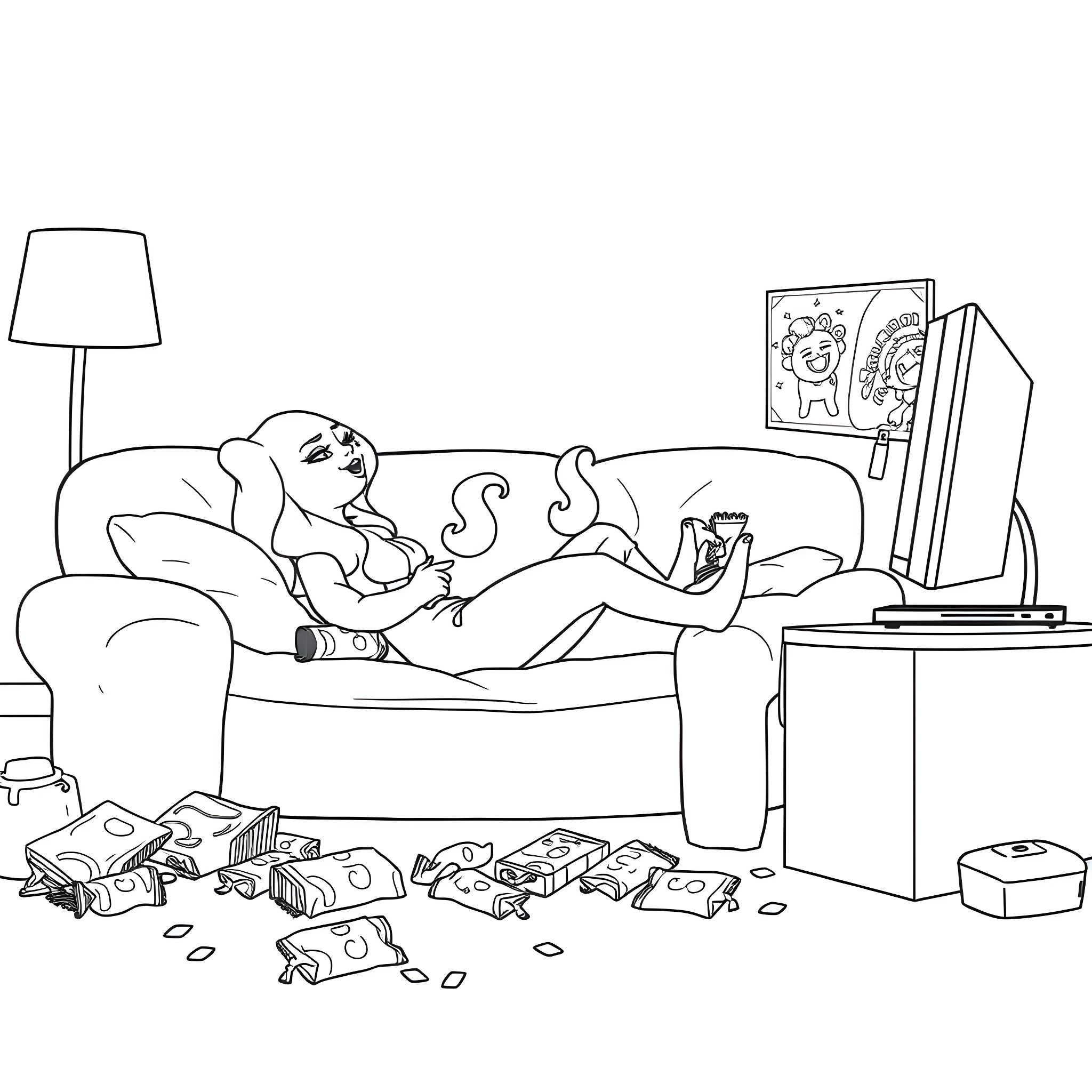 Loona lounging on the couch while enjoying video games Coloring Page (free black-and-white line drawing printable PDF for all, from beginners to advanced learners, including children, teens, adults, and seniors)