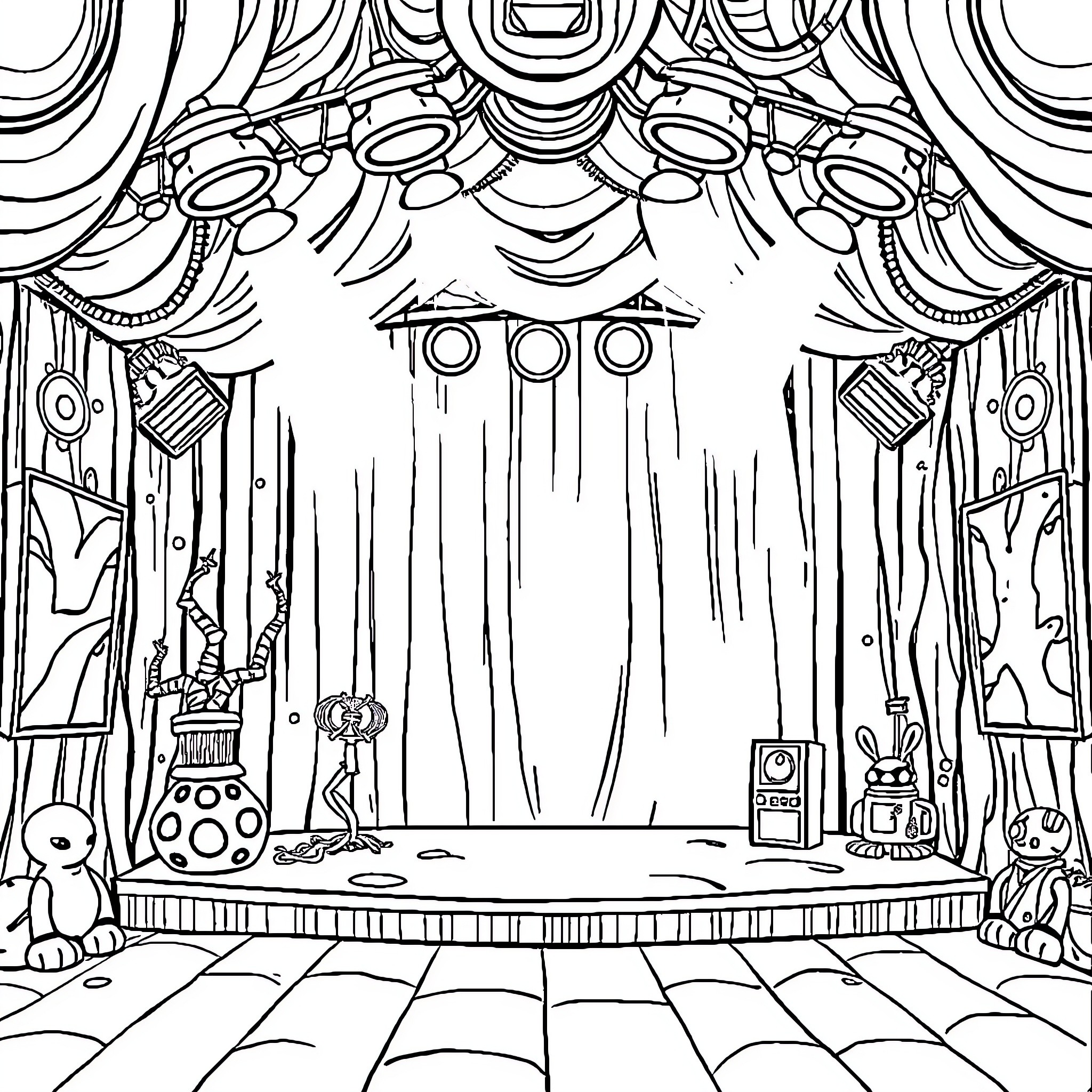Alien Circus Stage with Whimsical Decor Coloring Page (free black-and-white line drawing printable PDF for all, from beginners to advanced learners, including children, teens, adults, and seniors)
