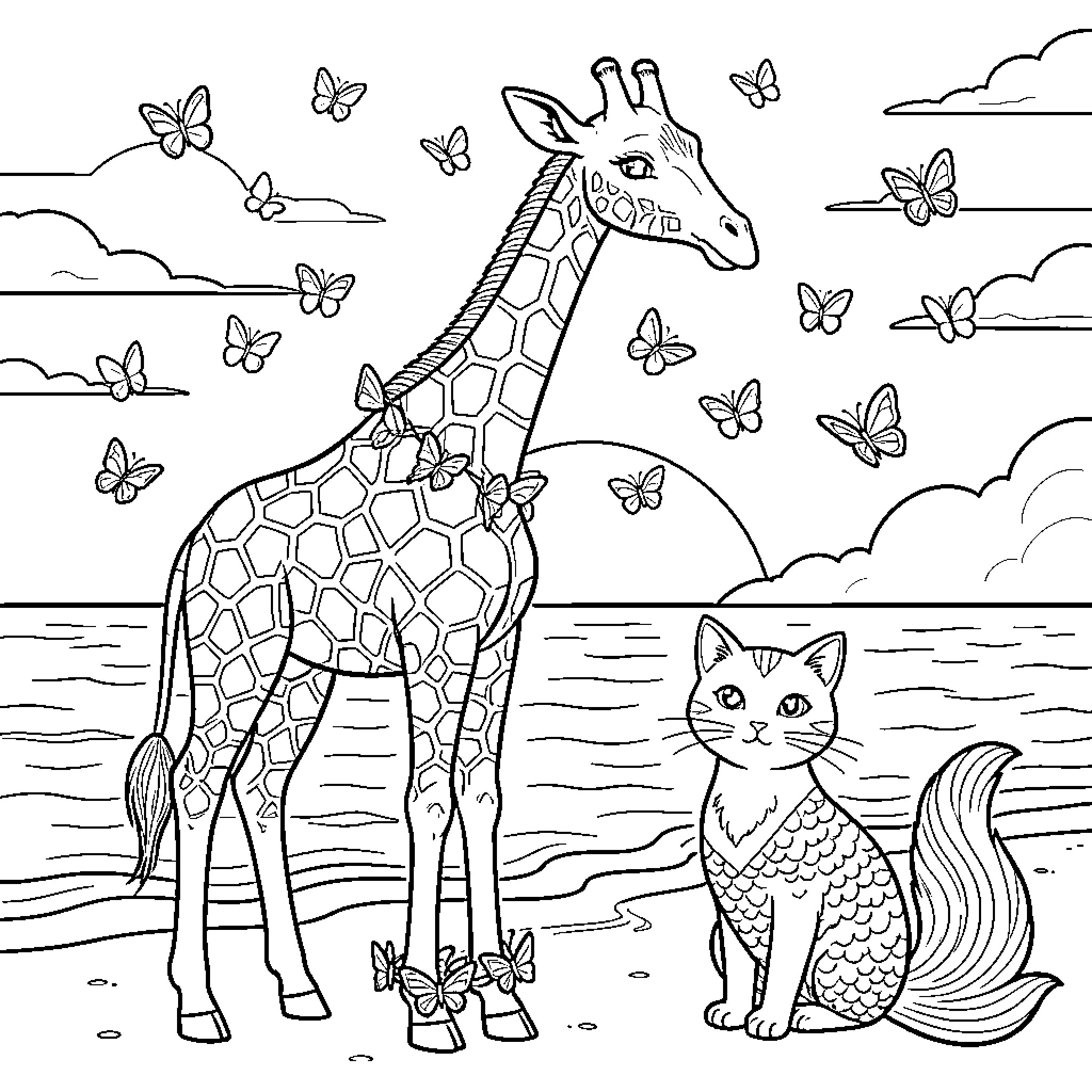 Giraffe standing peacefully among butterflies by the sea Coloring Page (free black-and-white line drawing printable PDF for all, from beginners to advanced learners, including children, teens, adults, and seniors)