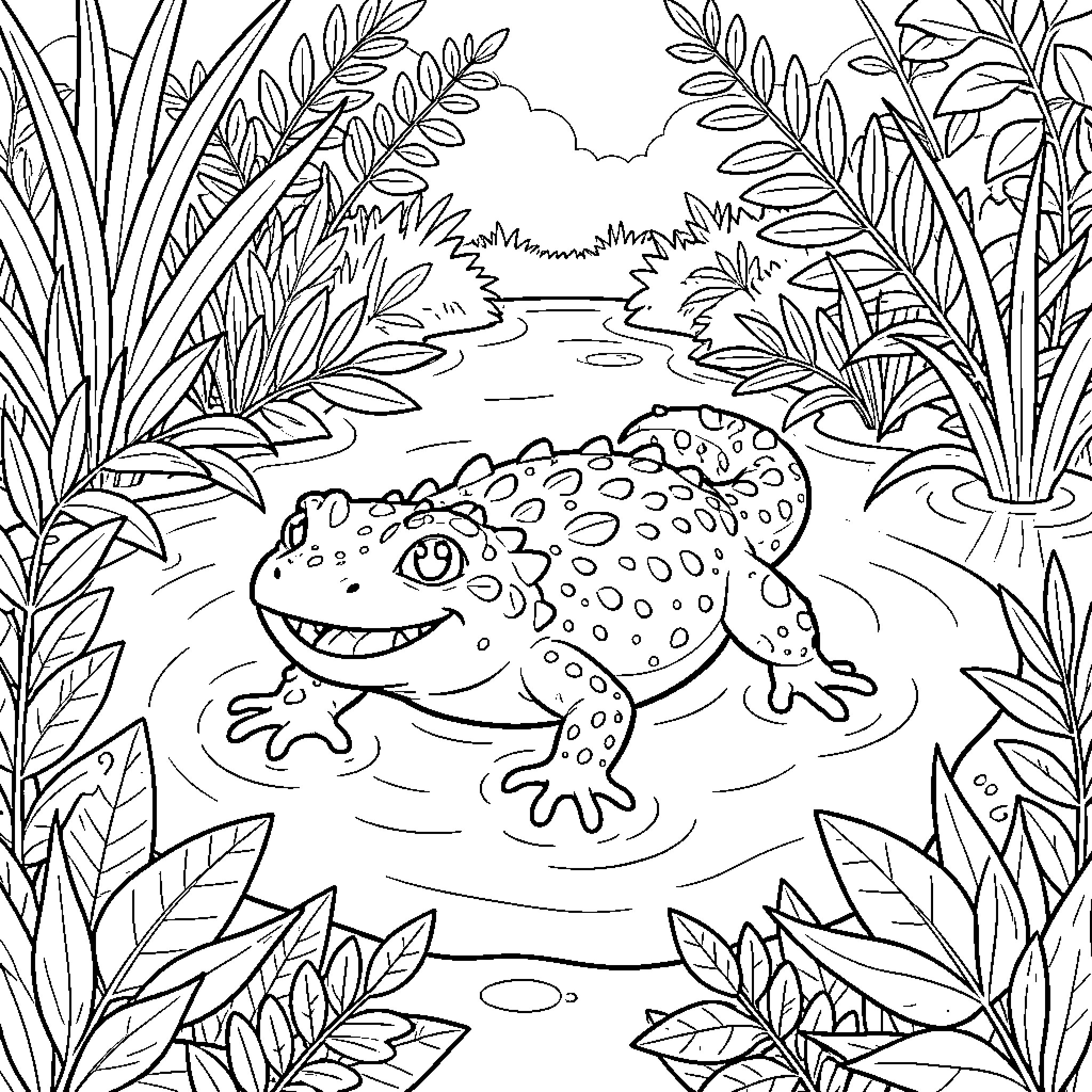 Ajolote exploring a lush, tropical habitat Coloring Page (free black-and-white line drawing printable PDF for all, from beginners to advanced learners, including children, teens, adults, and seniors)