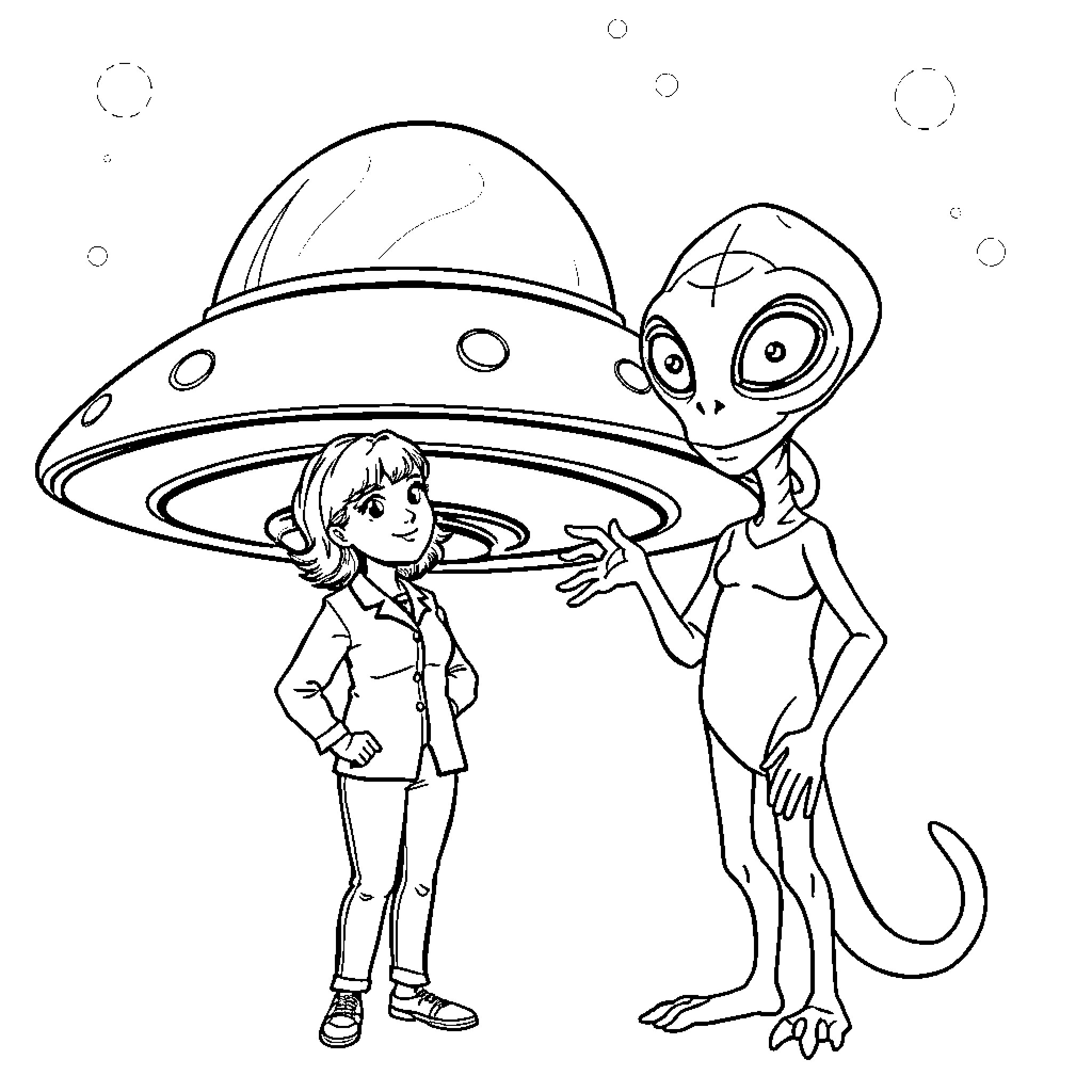 Teacher and Alien Exploring Outer Space Coloring Page (free black-and-white line drawing printable PDF for all, from beginners to advanced learners, including children, teens, adults, and seniors)