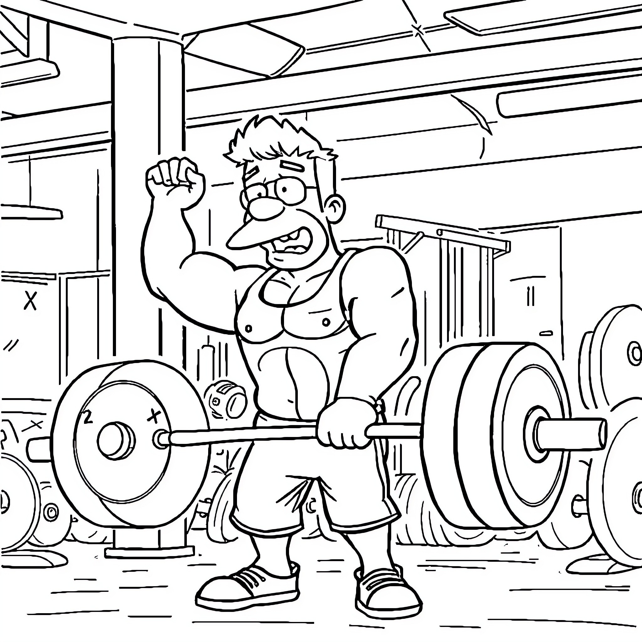 Michael Scott lifting weights in a gym Coloring Page (free black-and-white line drawing printable PDF for all, from beginners to advanced learners, including children, teens, adults, and seniors)