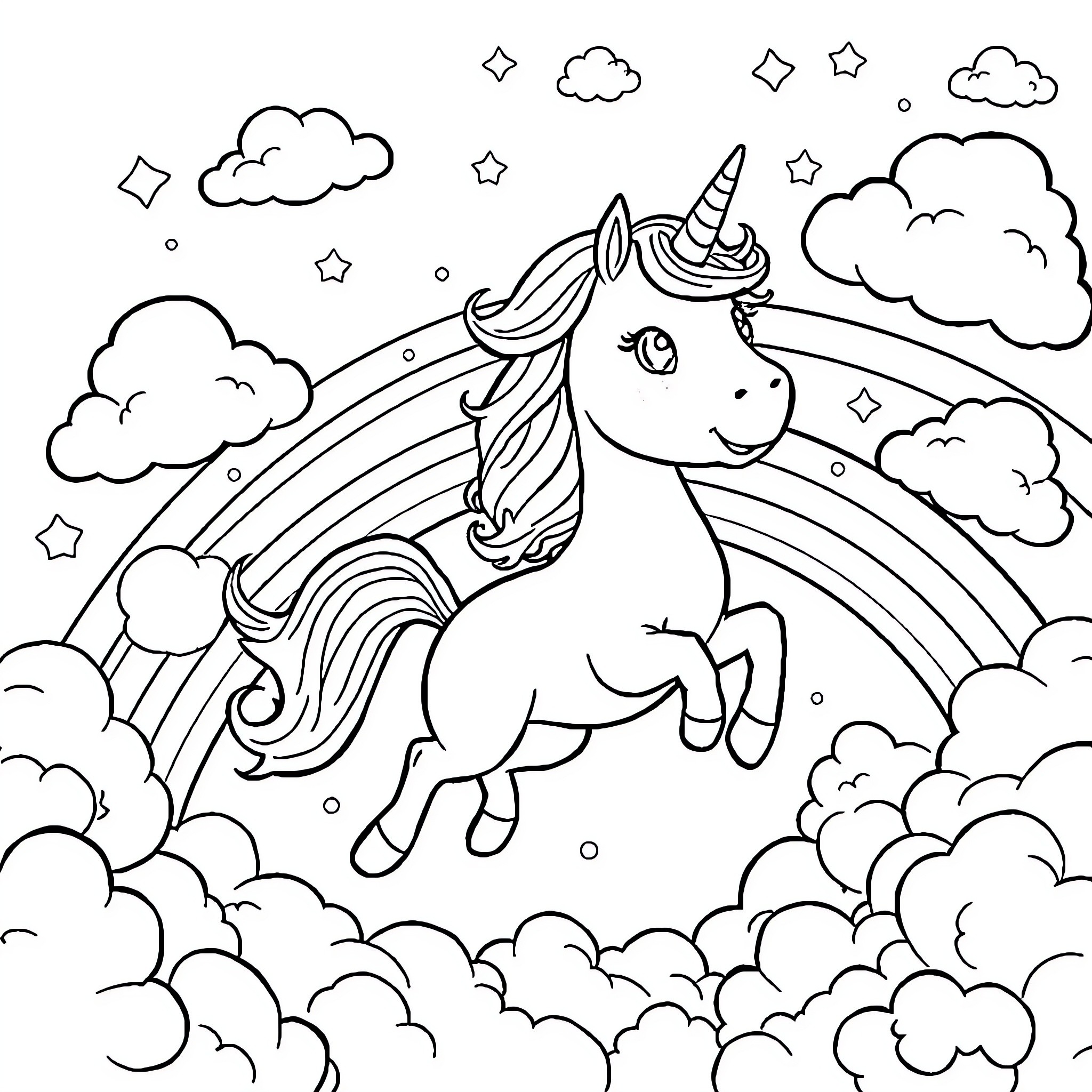 Unicorn Soaring through Magical Clouds and Stars Coloring Page (free black-and-white line drawing printable PDF for all, from beginners to advanced learners, including children, teens, adults, and seniors)