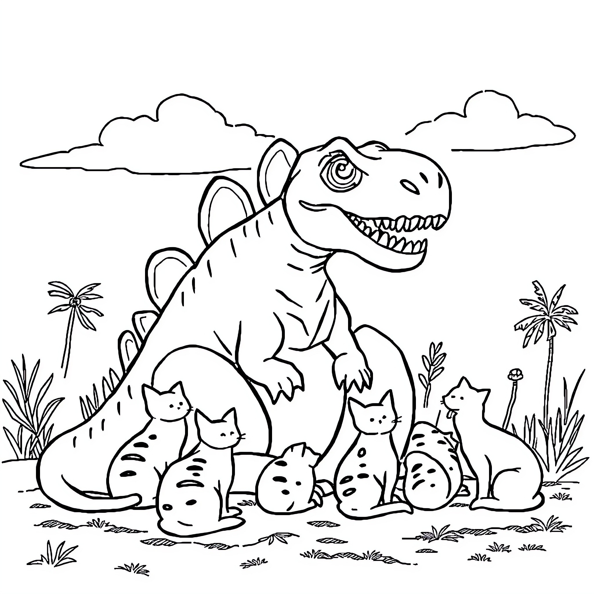 Dinosaur surrounded by playful cats in jungle setting Coloring Page (free black-and-white line drawing printable PDF for all, from beginners to advanced learners, including children, teens, adults, and seniors)