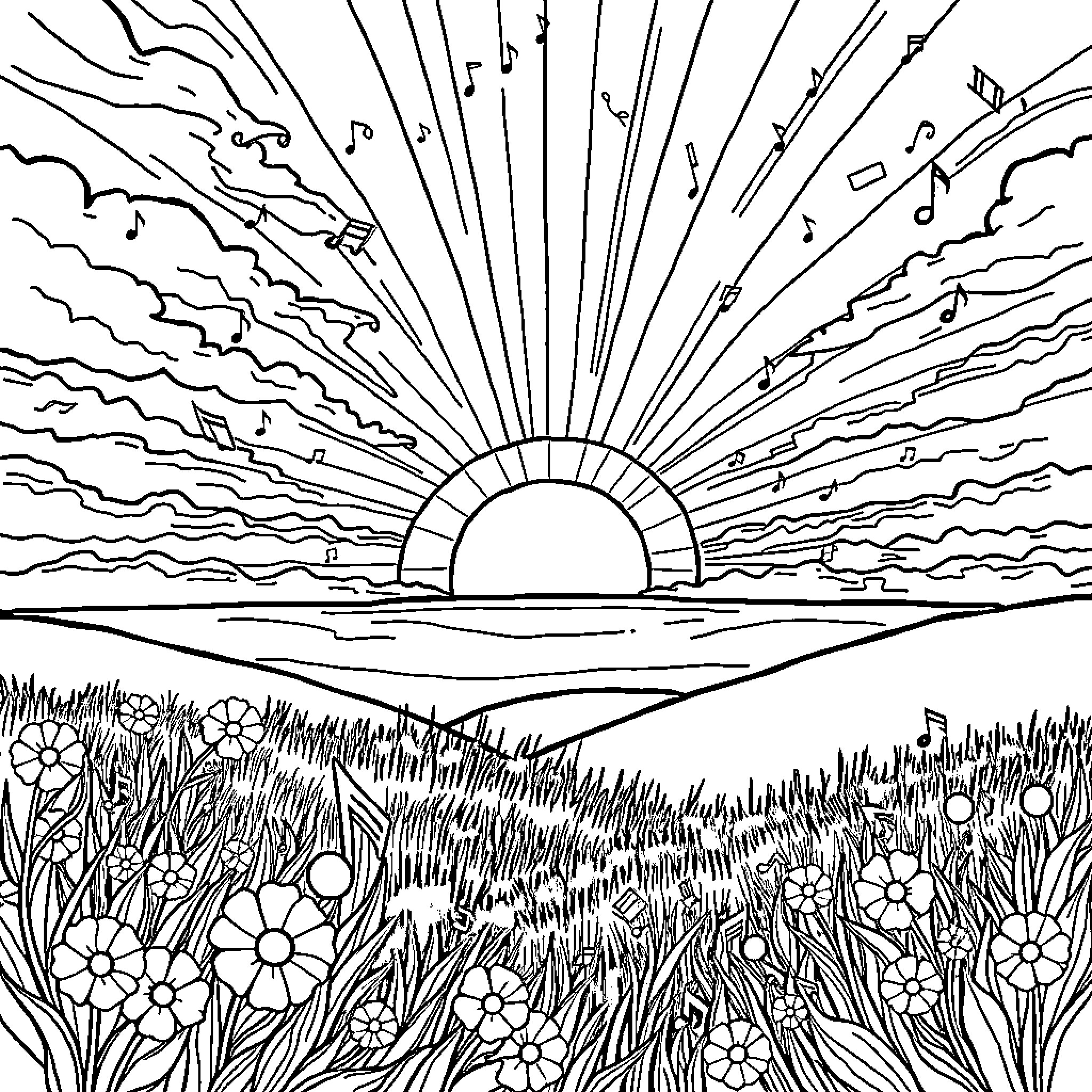 Music Symbol Sunrise Over Floral Landscape Coloring Page (free black-and-white line drawing printable PDF for all, from beginners to advanced learners, including children, teens, adults, and seniors)