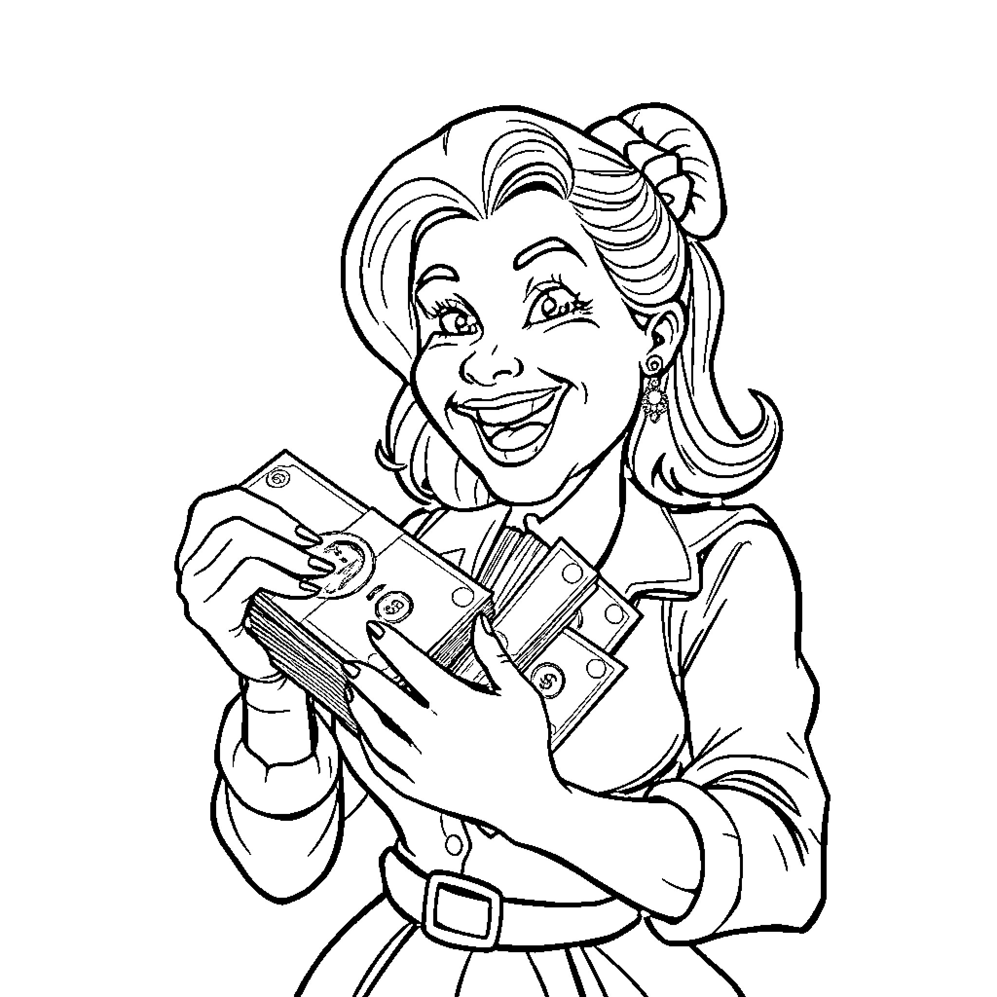 Helga's Joyful Sewing Adventure Coloring Page (free black-and-white line drawing printable PDF for all, from beginners to advanced learners, including children, teens, adults, and seniors)