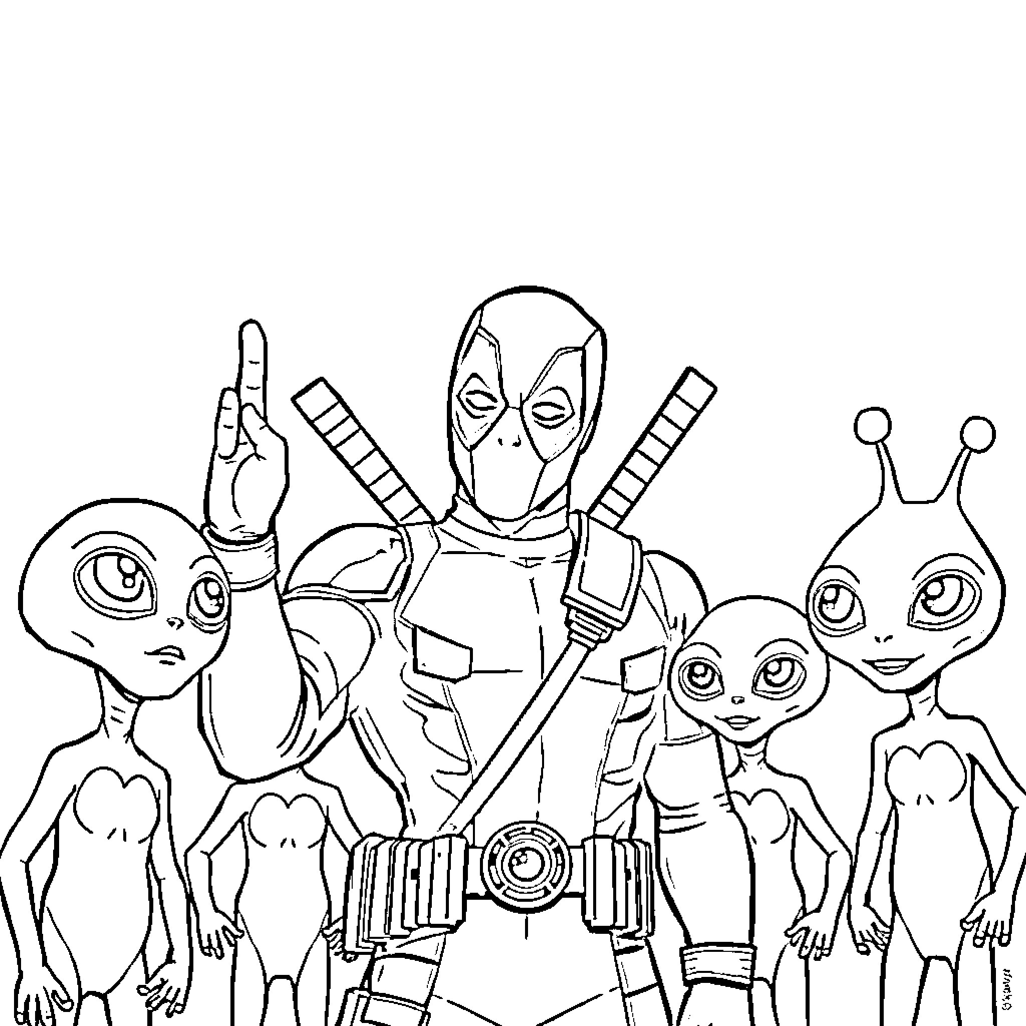 Deadpool and his Alien Companions in an Offbeat Adventure Coloring Page (free black-and-white line drawing printable PDF for all, from beginners to advanced learners, including children, teens, adults, and seniors)