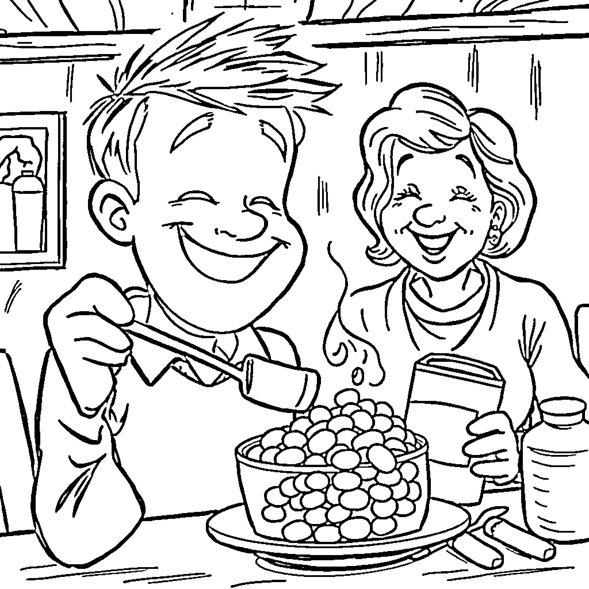 Ed and Helen Enjoying a Snack Together Coloring Page (free black-and-white line drawing printable PDF for all, from beginners to advanced learners, including children, teens, adults, and seniors)