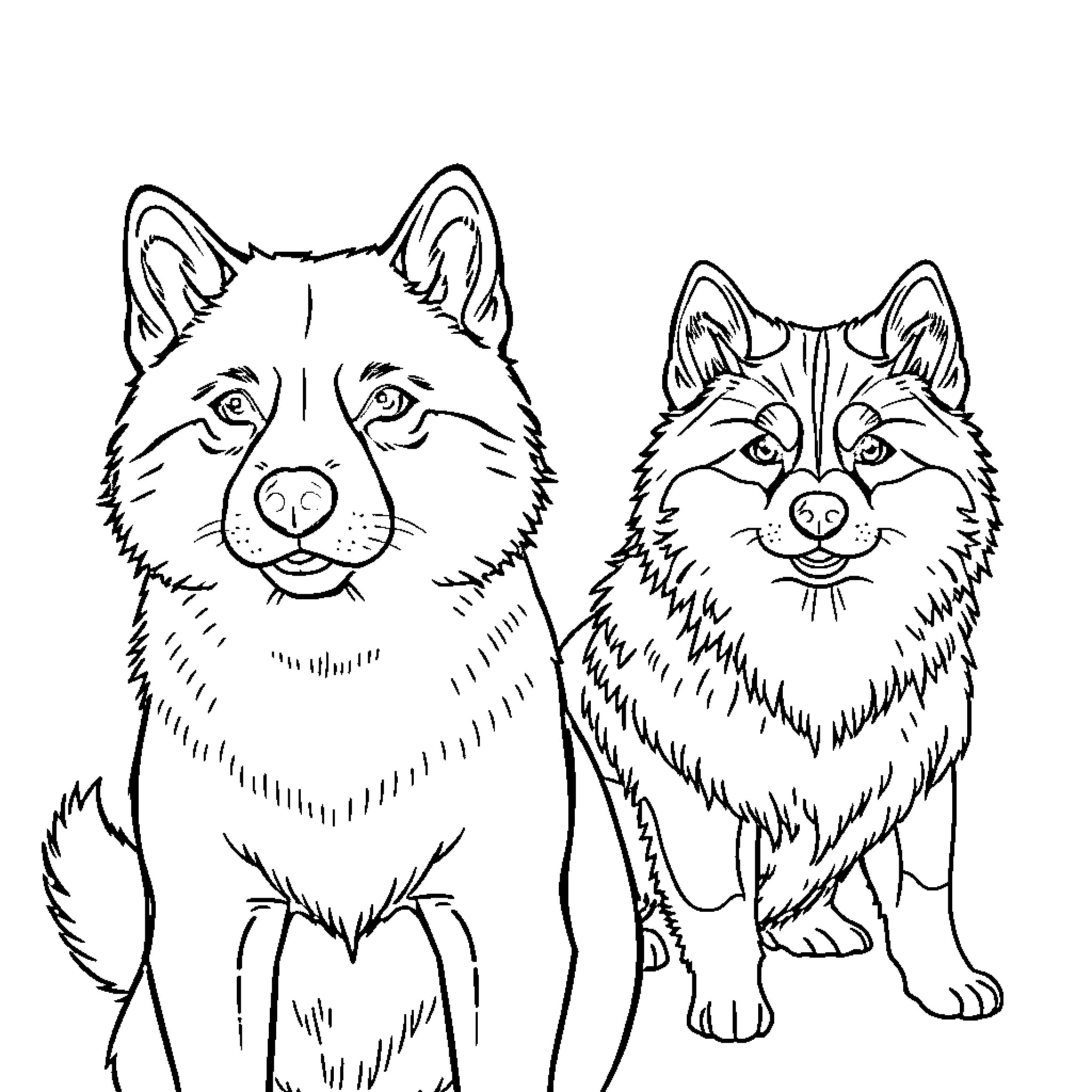 Shiba dogs posing together happily Coloring Page (free black-and-white line drawing printable PDF for all, from beginners to advanced learners, including children, teens, adults, and seniors)