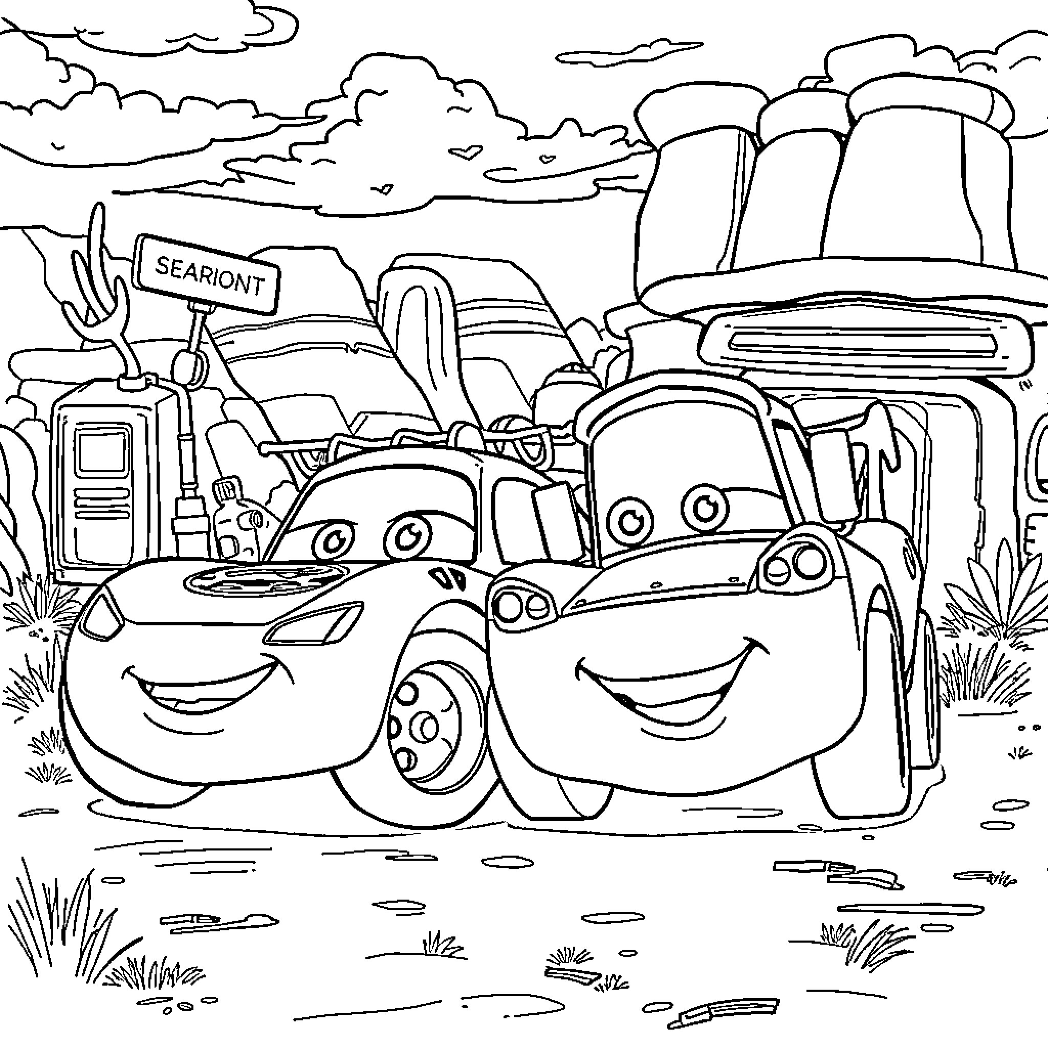 Cars on an adventure with luggage and signs Coloring Page (free black-and-white line drawing printable PDF for all, from beginners to advanced learners, including children, teens, adults, and seniors)